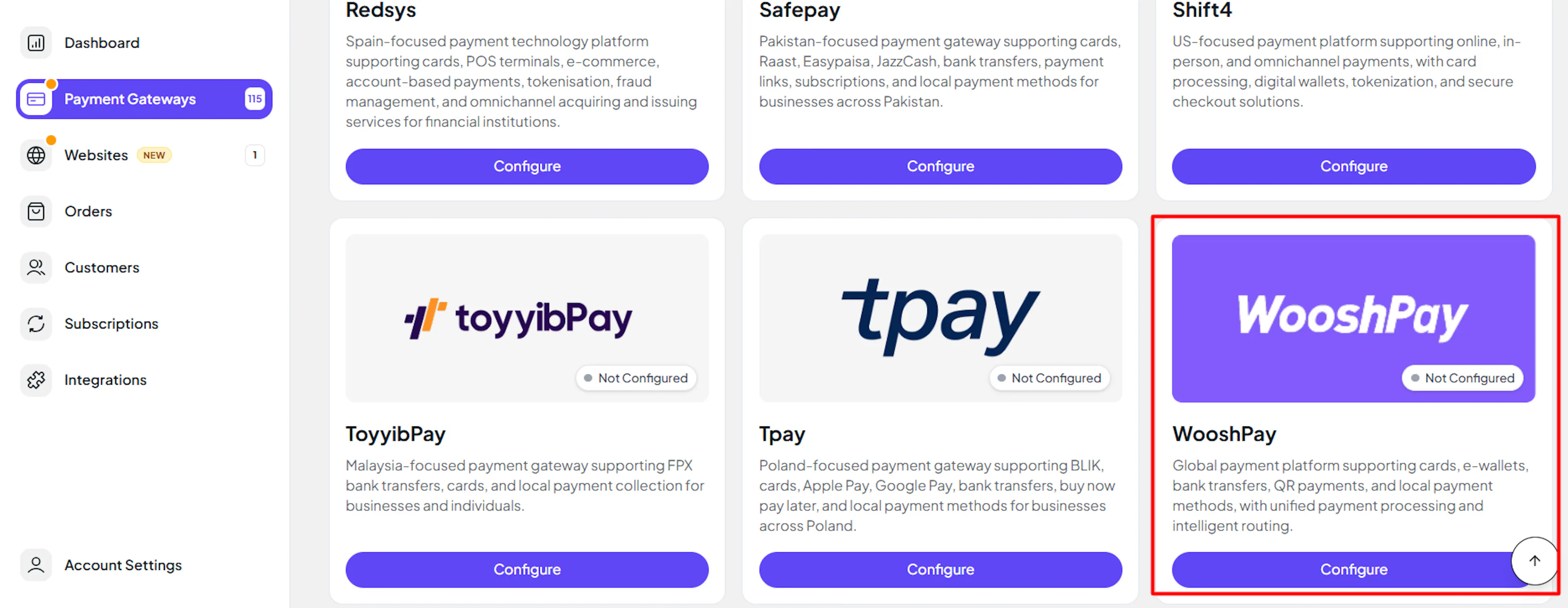 PayLexer Payment Gateways page with WooshPay highlighted