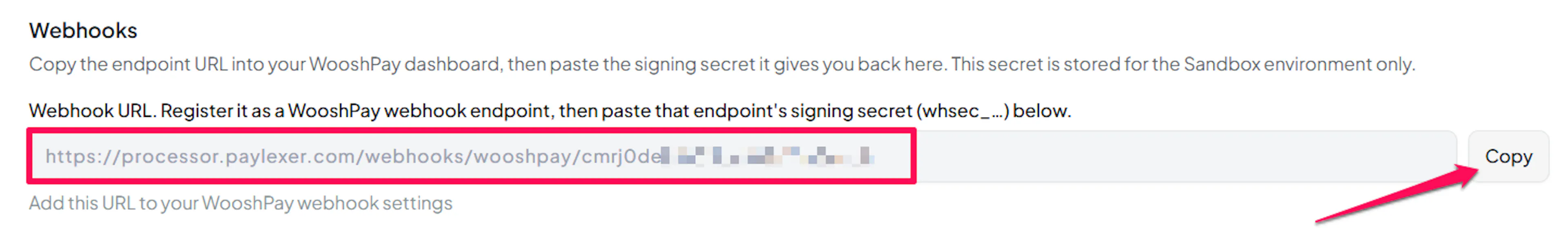 Read-only Webhook URL field on the WooshPay page in PayLexer