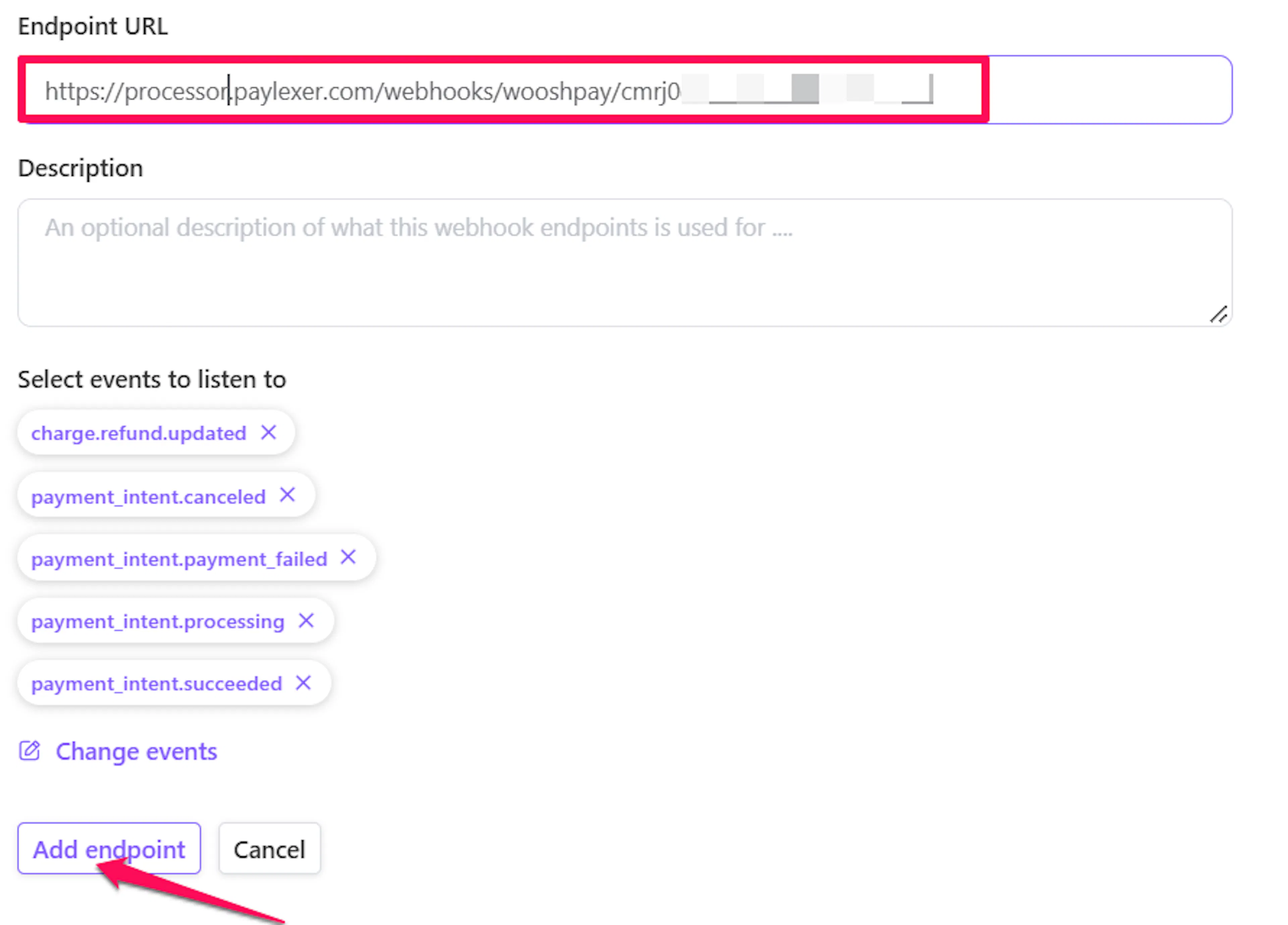 WooshPay endpoint form with the PayLexer webhook URL and selected events