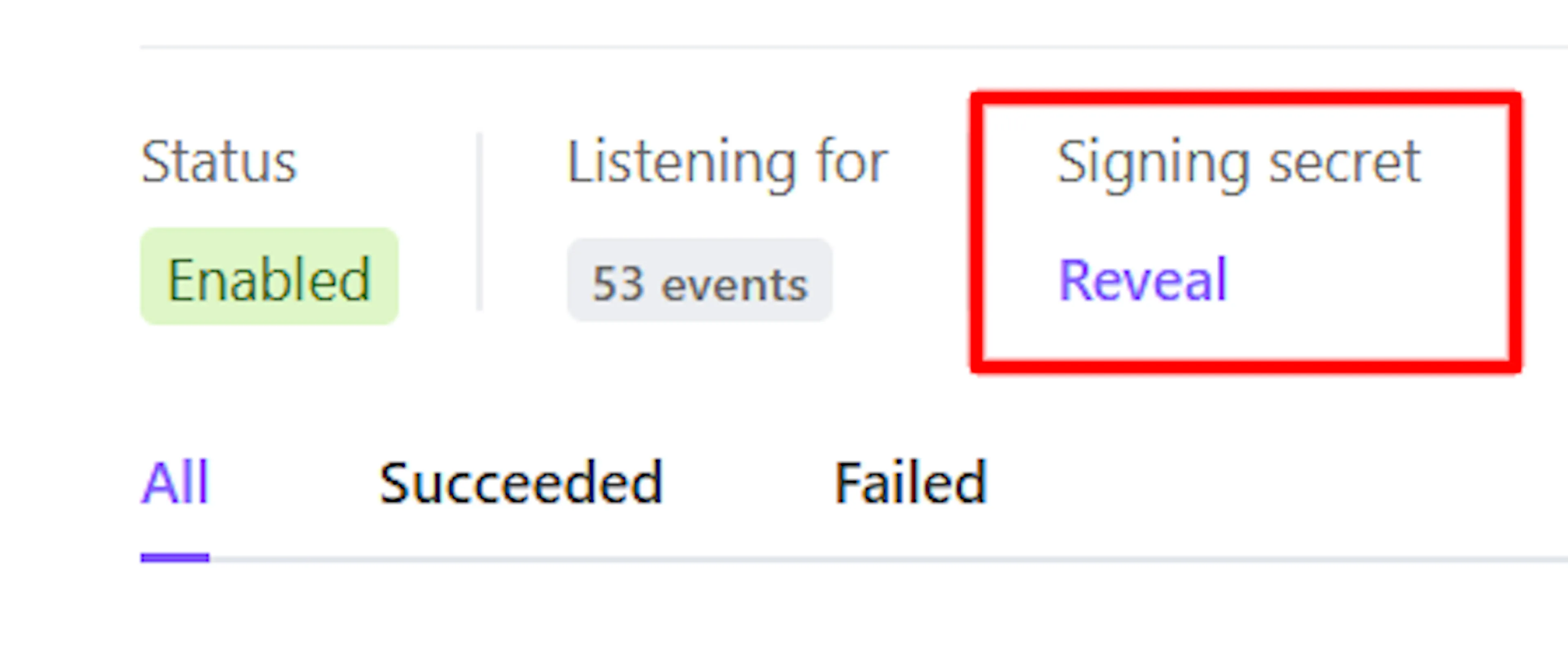Signing secret tab with the Reveal button in WooshPay