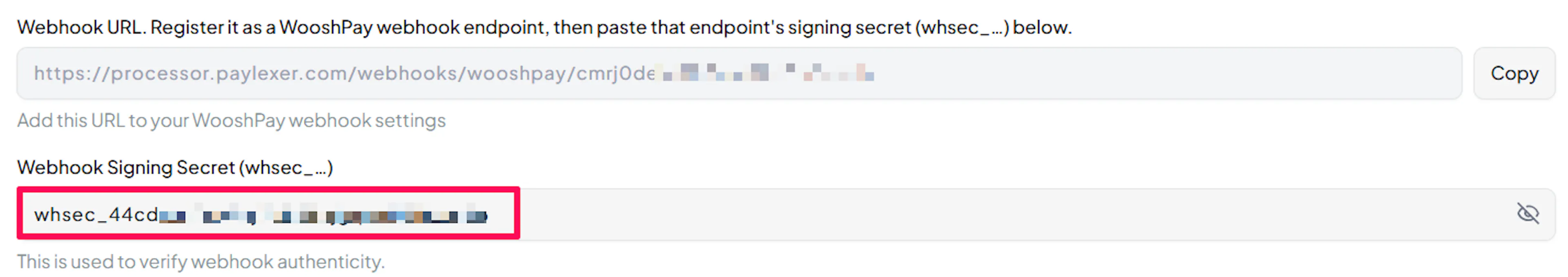 Webhook Signing Secret field for WooshPay in PayLexer