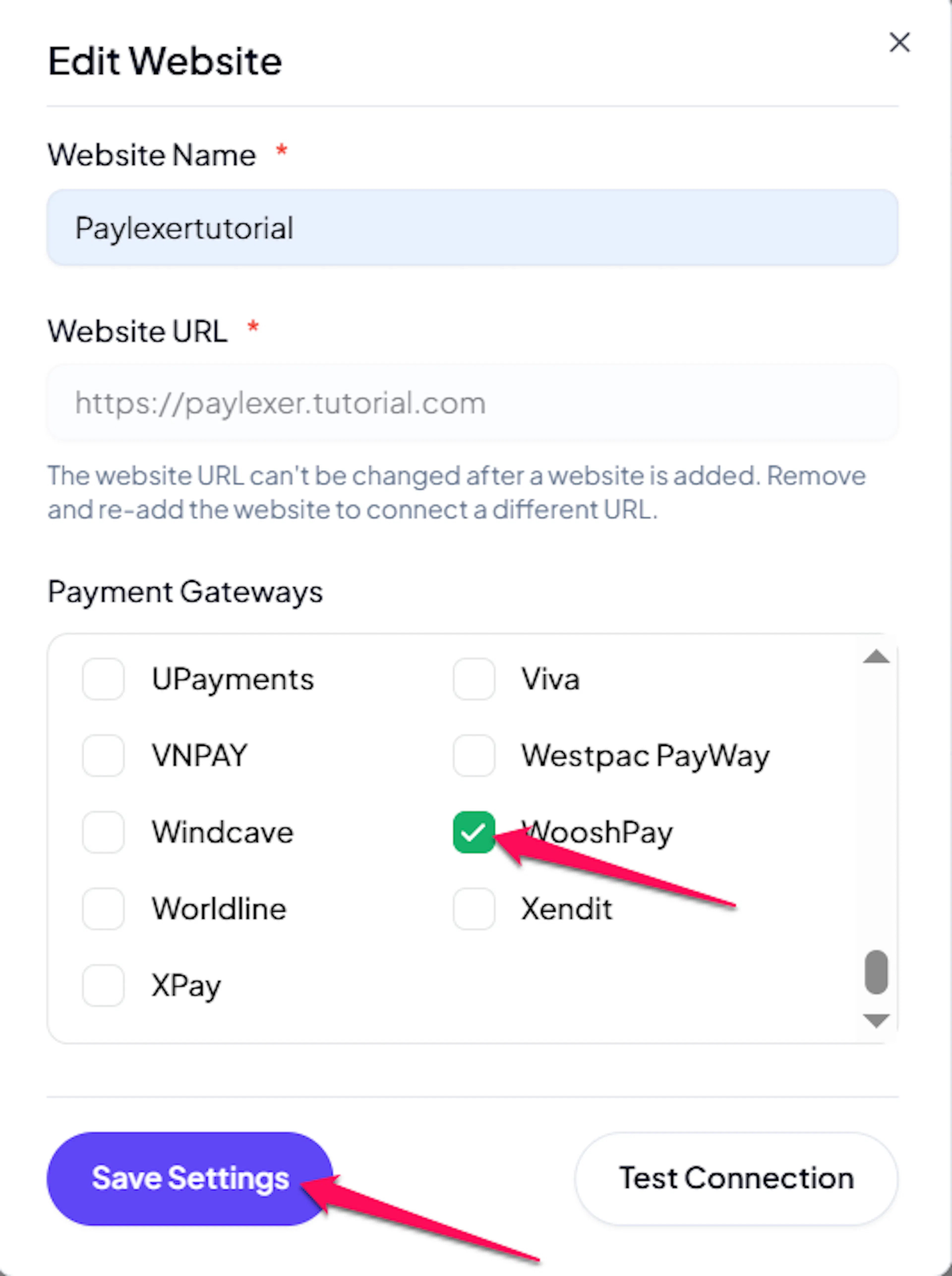 WooshPay checkbox in the website's payment gateway list