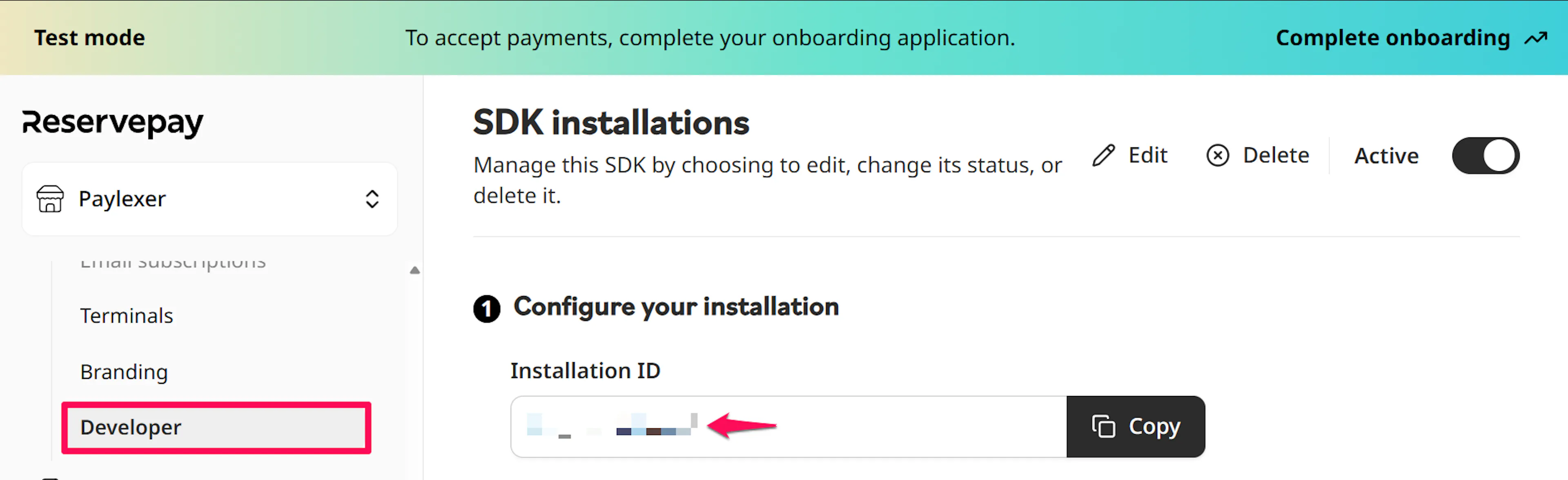 ReservePay Developer Settings showing the installation and its Installation ID