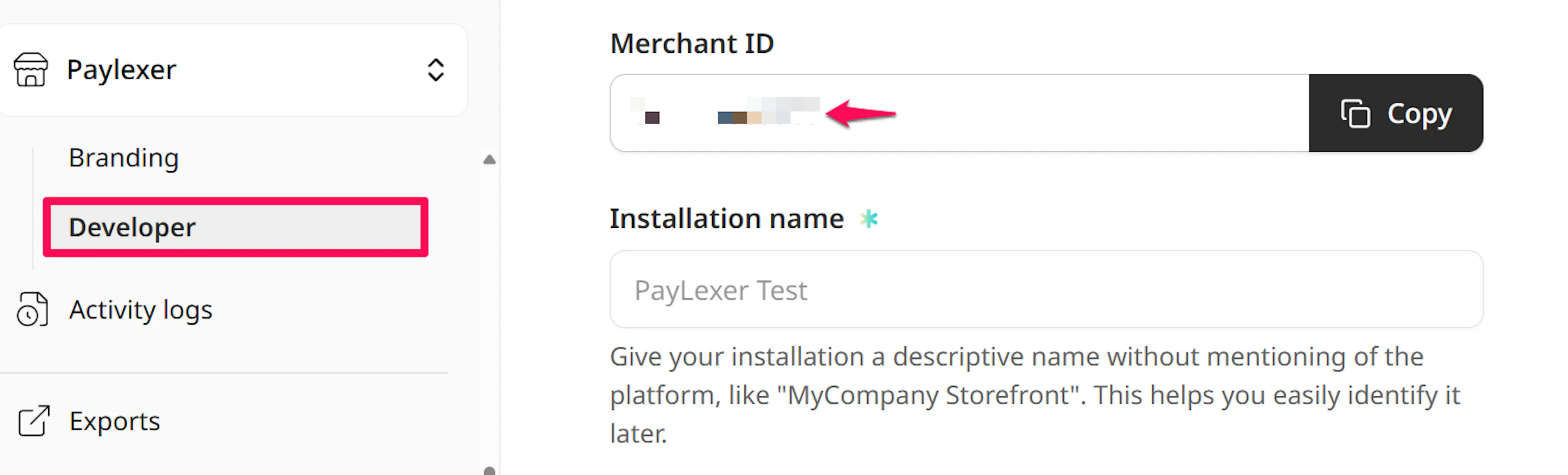 ReservePay SDK Installation page showing the Merchant ID