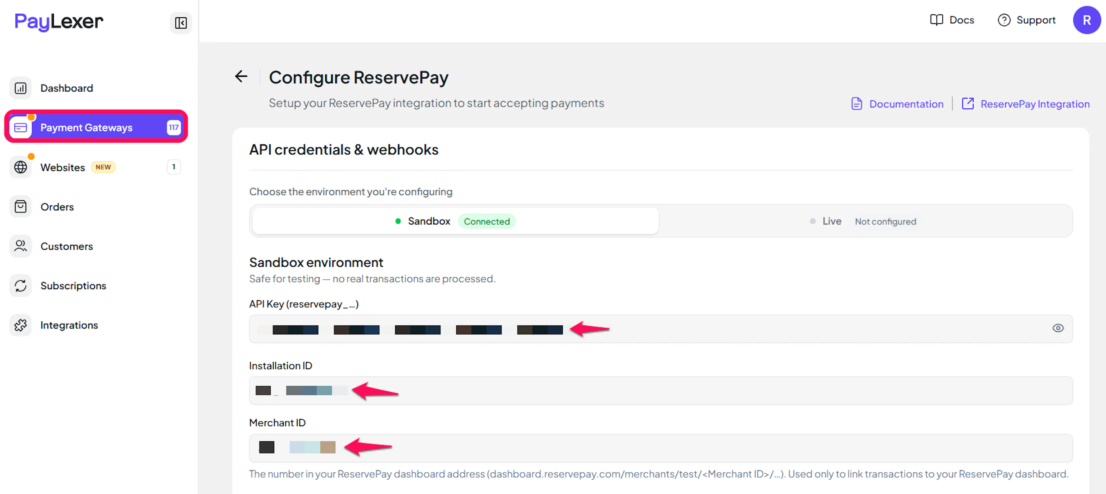 ReservePay credential fields in PayLexer