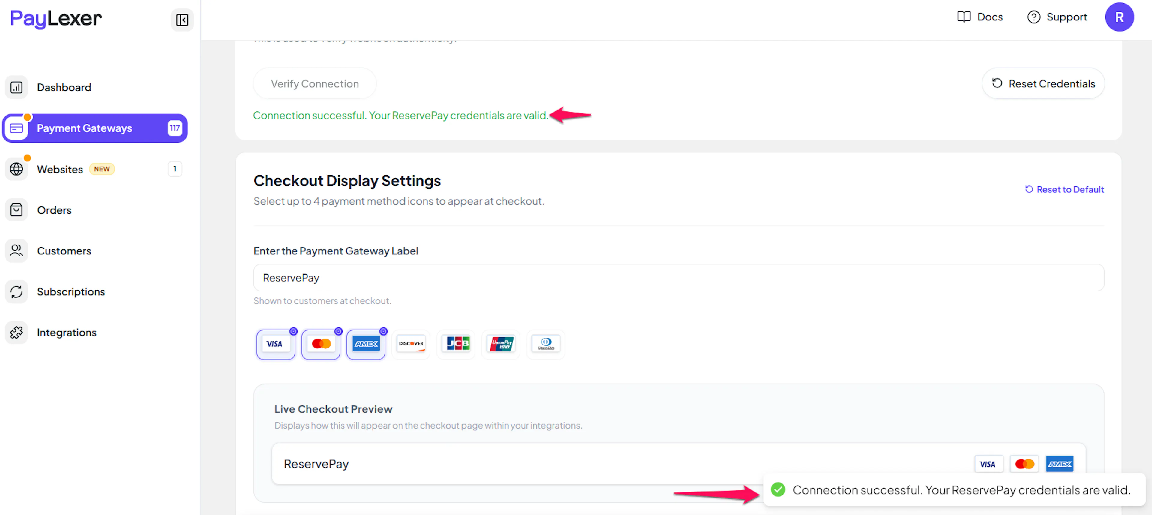 Save and Verify Connection buttons for ReservePay in PayLexer