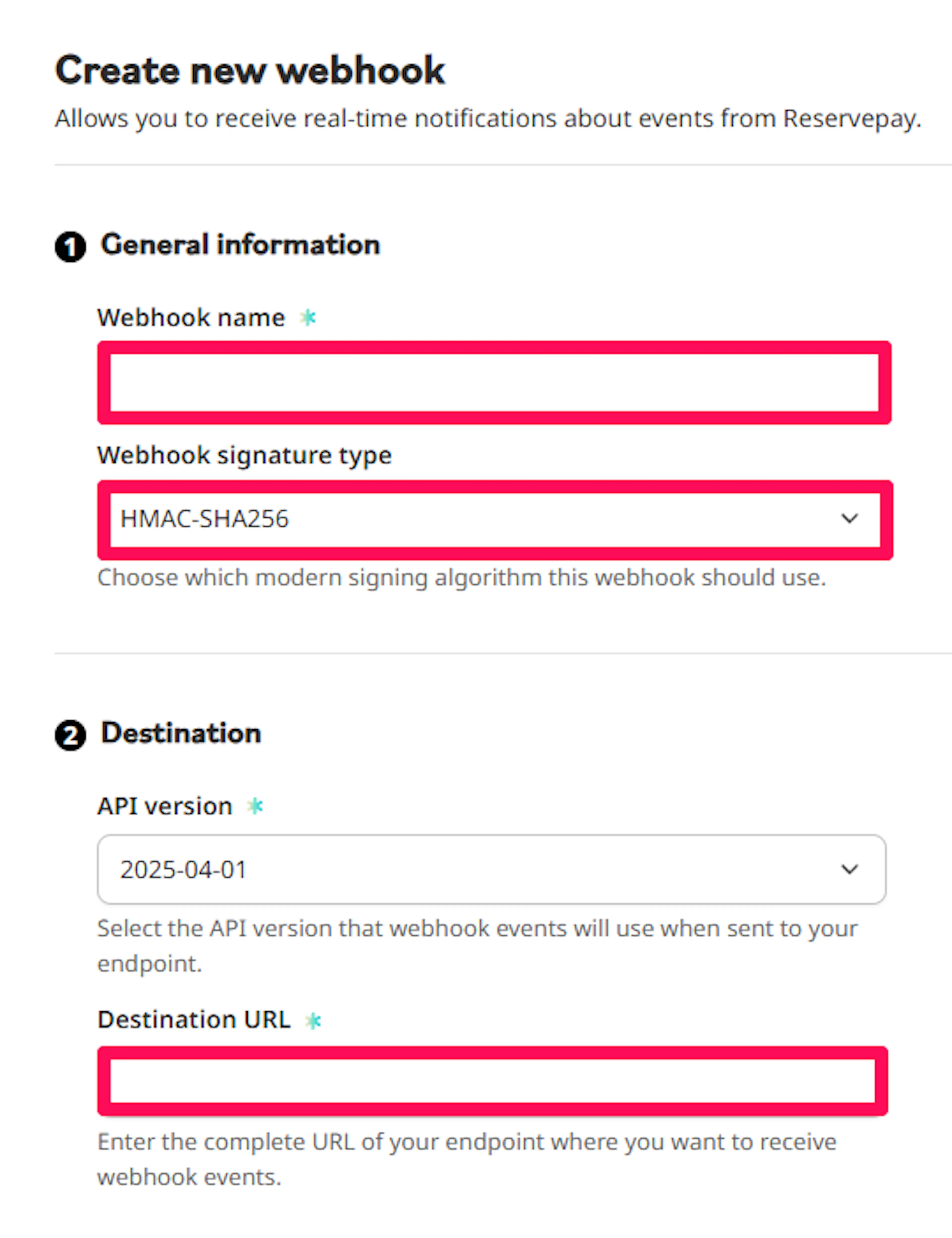 ReservePay webhook endpoint settings