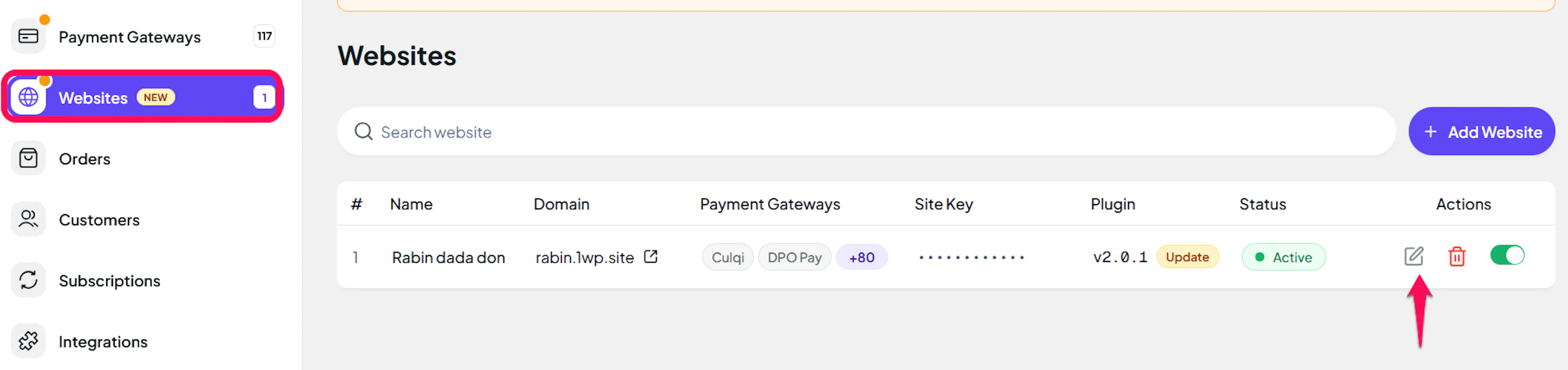 Edit icon on a website in PayLexer