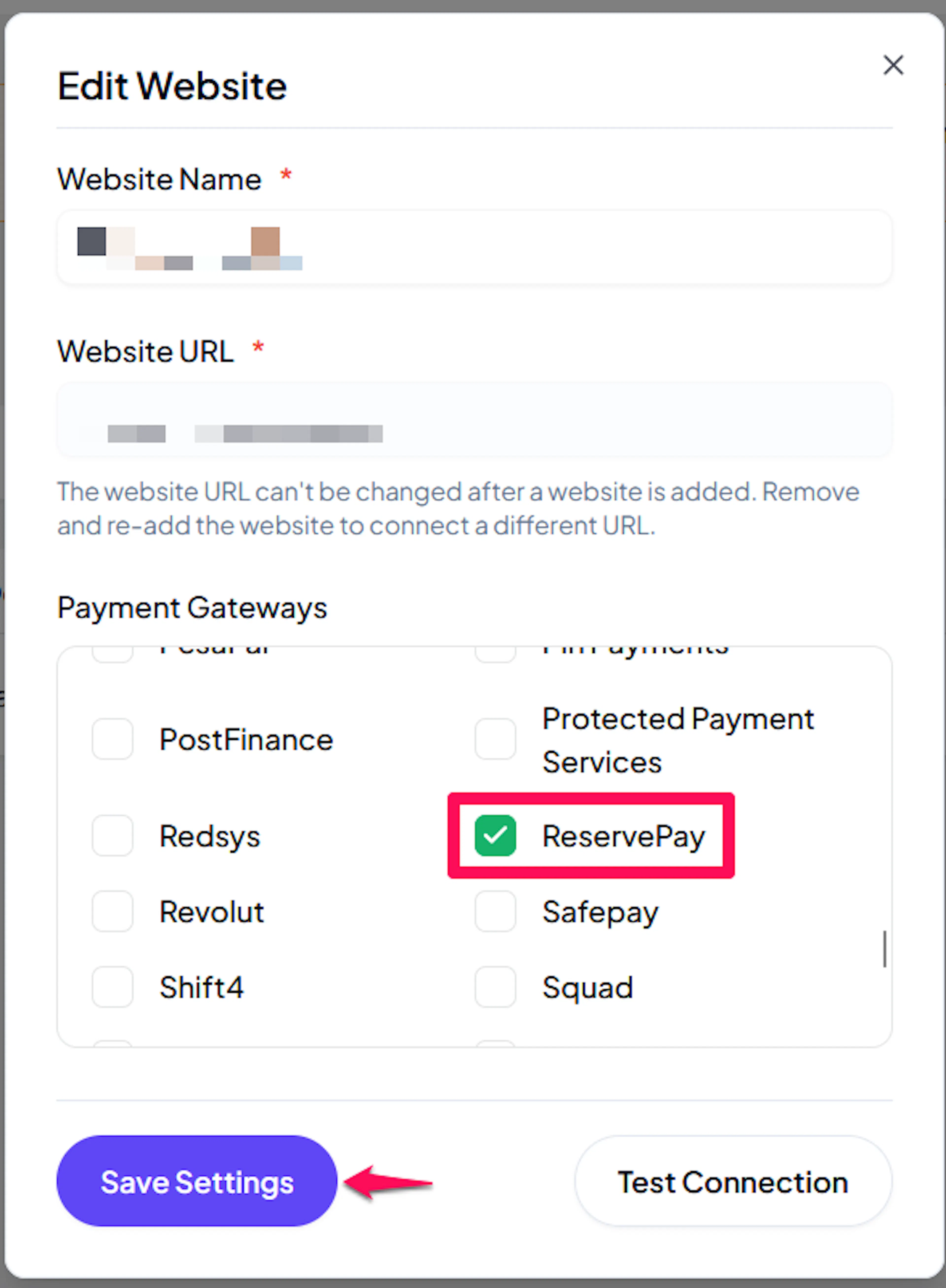 Enable ReservePay checkbox on a PayLexer website