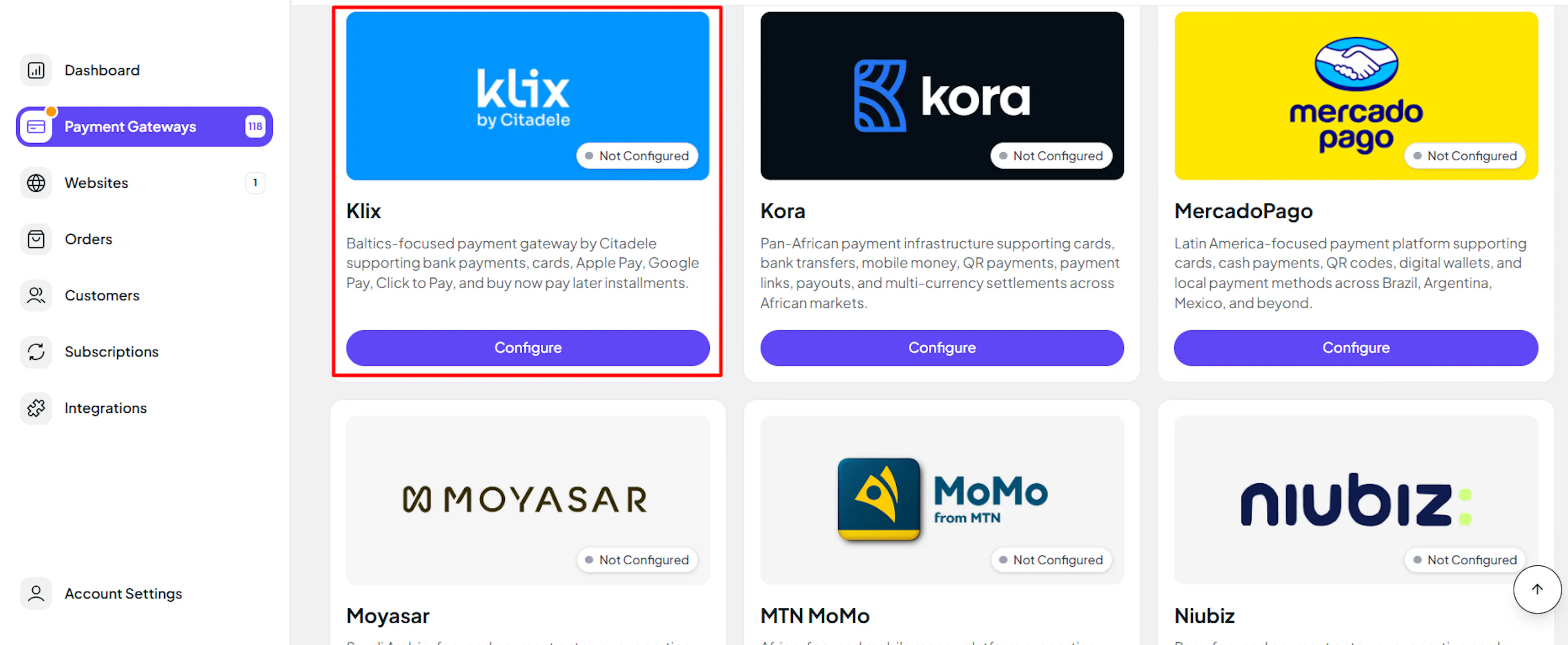 Klix by Citadele highlighted in the PayLexer Payment Gateways list