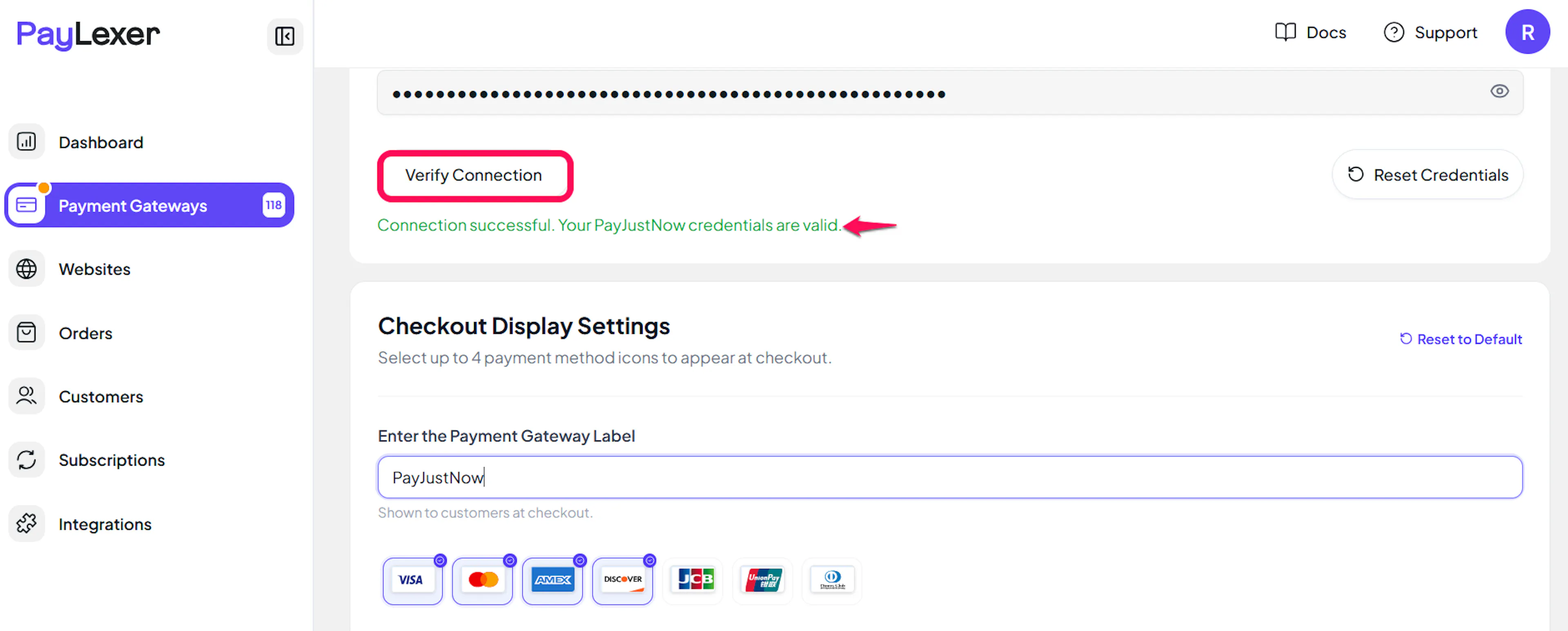 Save and Verify Connection buttons on the PayJustNow configuration page