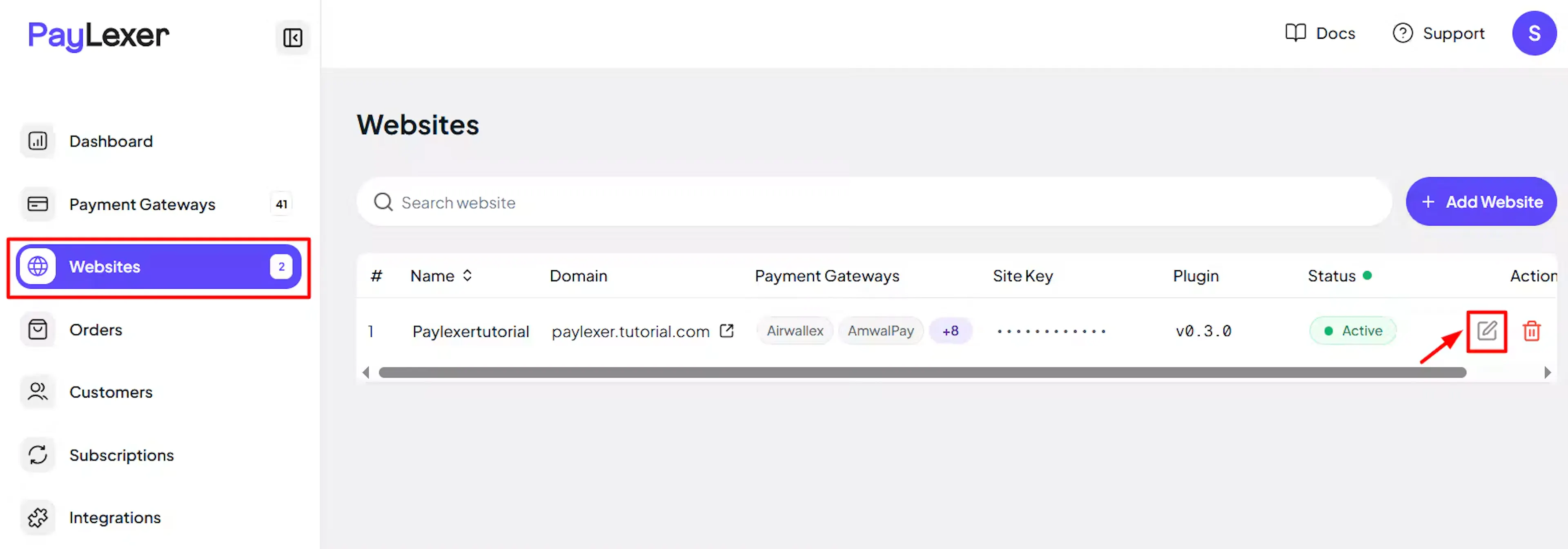 Edit icon next to a website in the PayLexer Websites list
