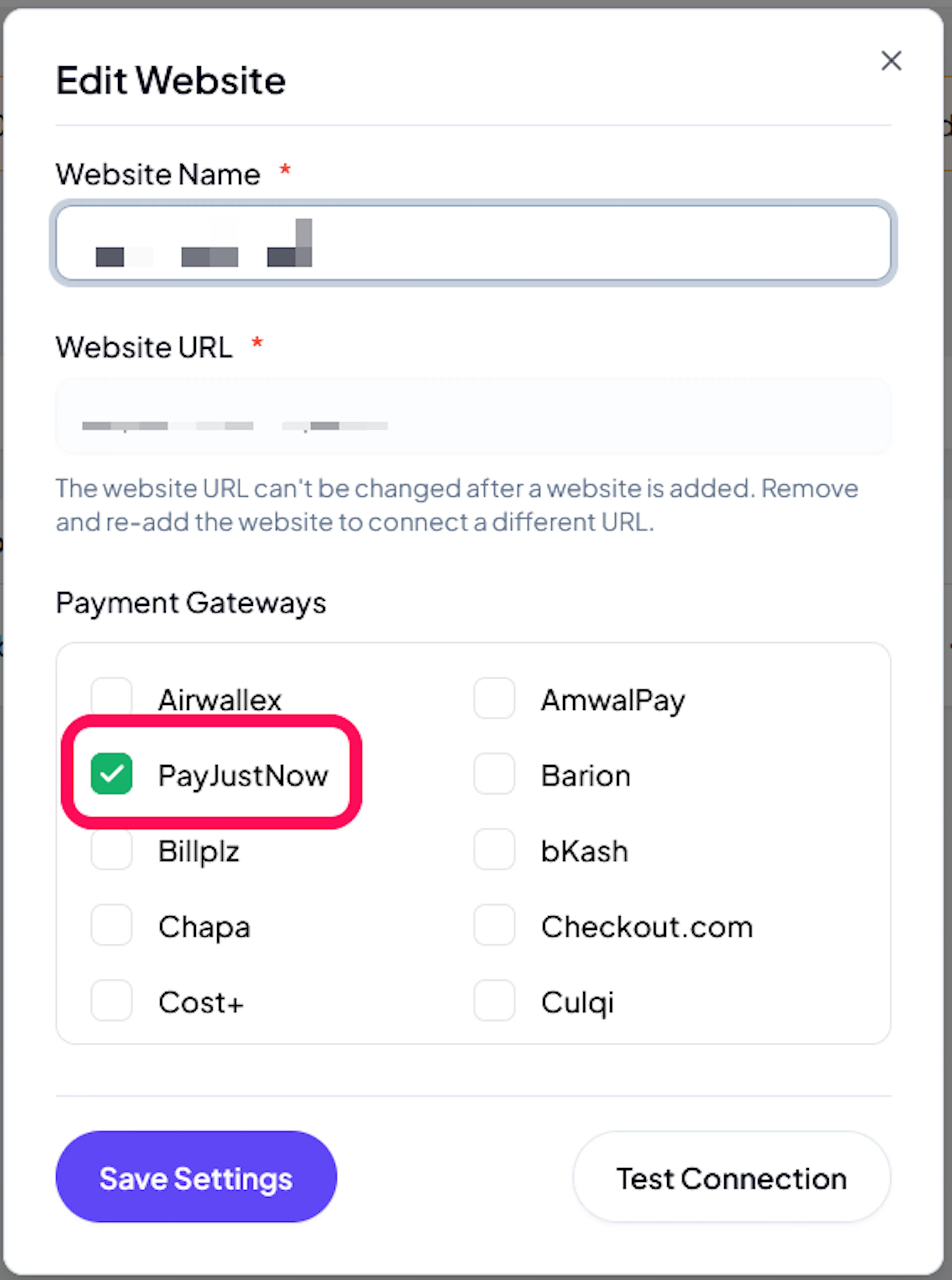 PayJustNow checkbox enabled on the website edit screen