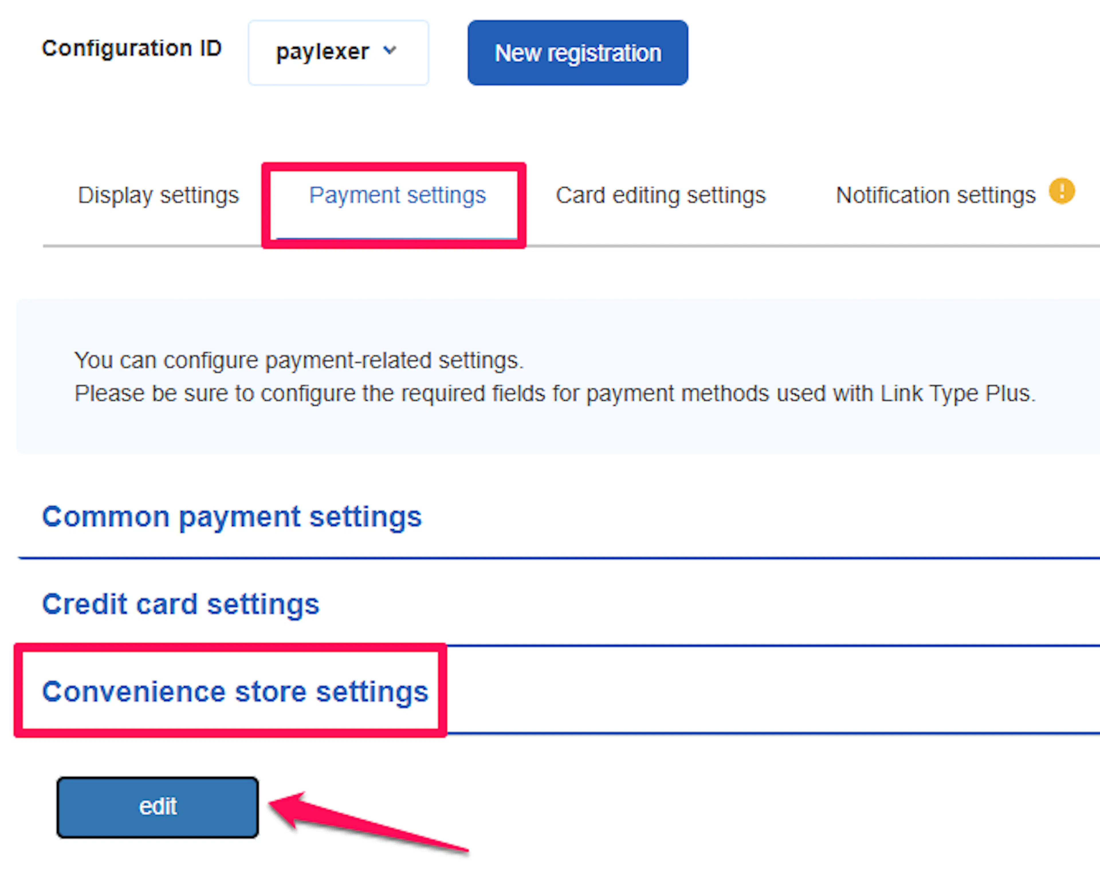 Payment Settings for the LinkType Plus Config ID