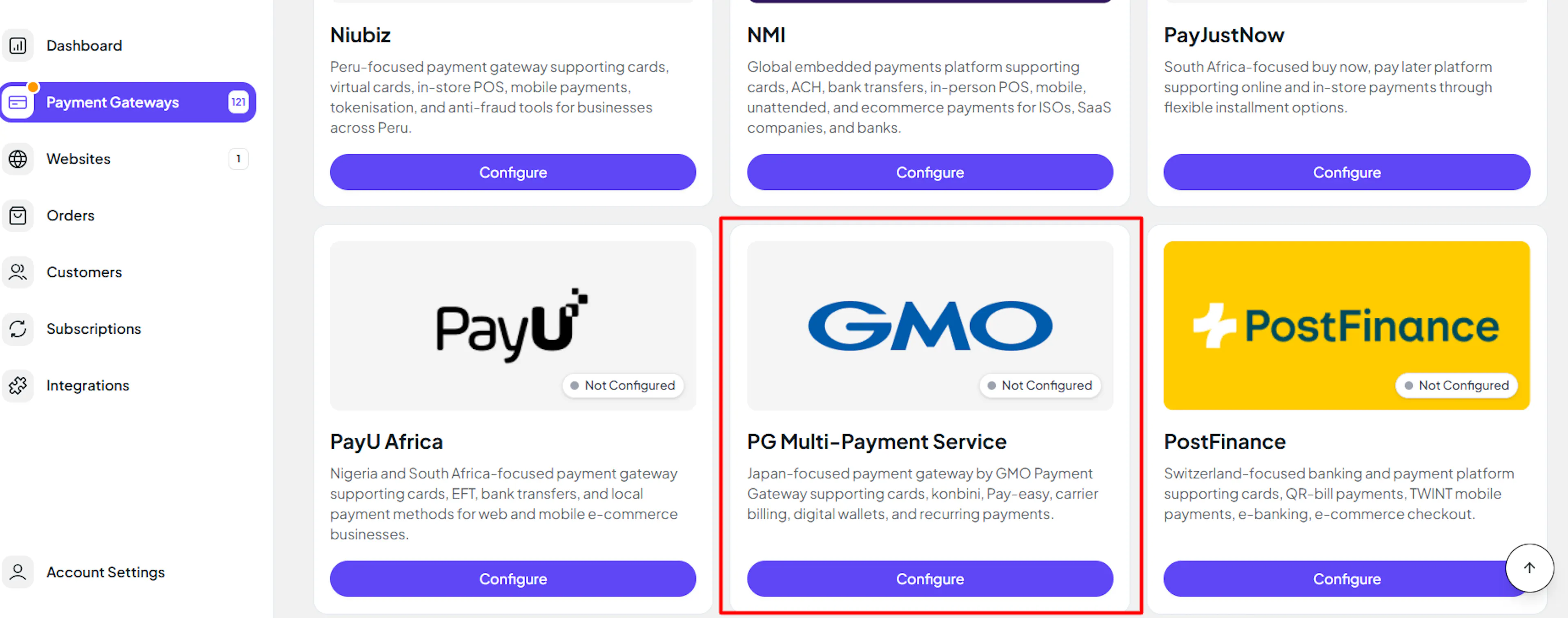 PG Multi-Payment Service in the PayLexer Payment Gateways list