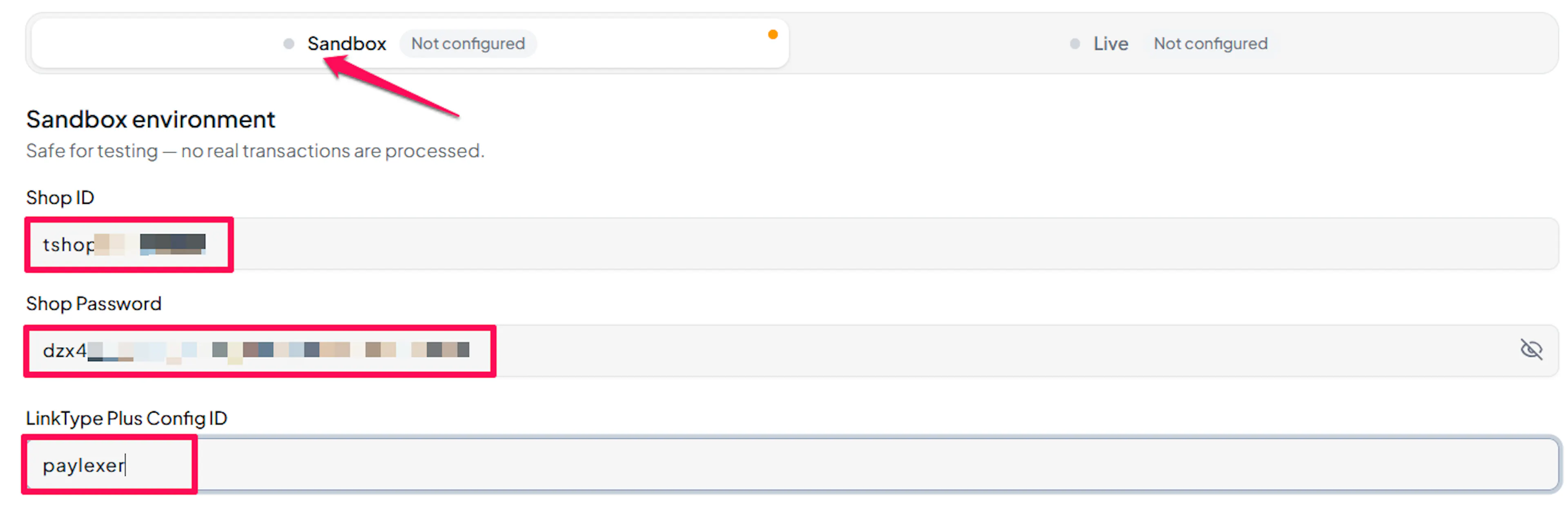 PG Multi-Payment Service test credential fields in PayLexer