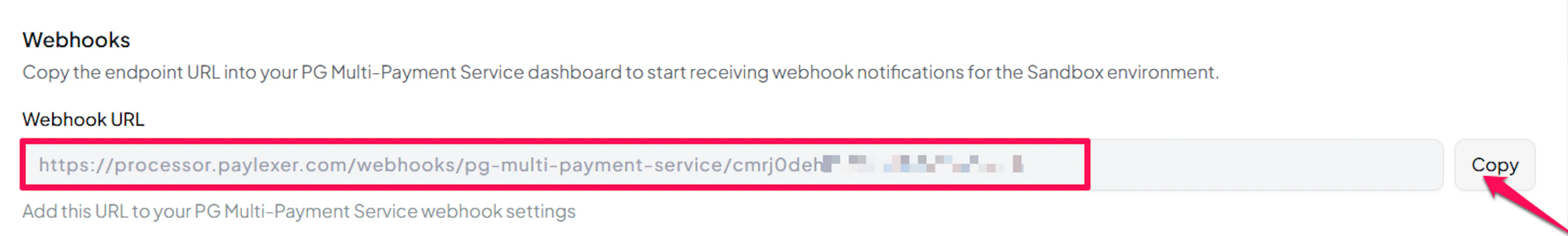 Webhook URL with the copy button in PayLexer