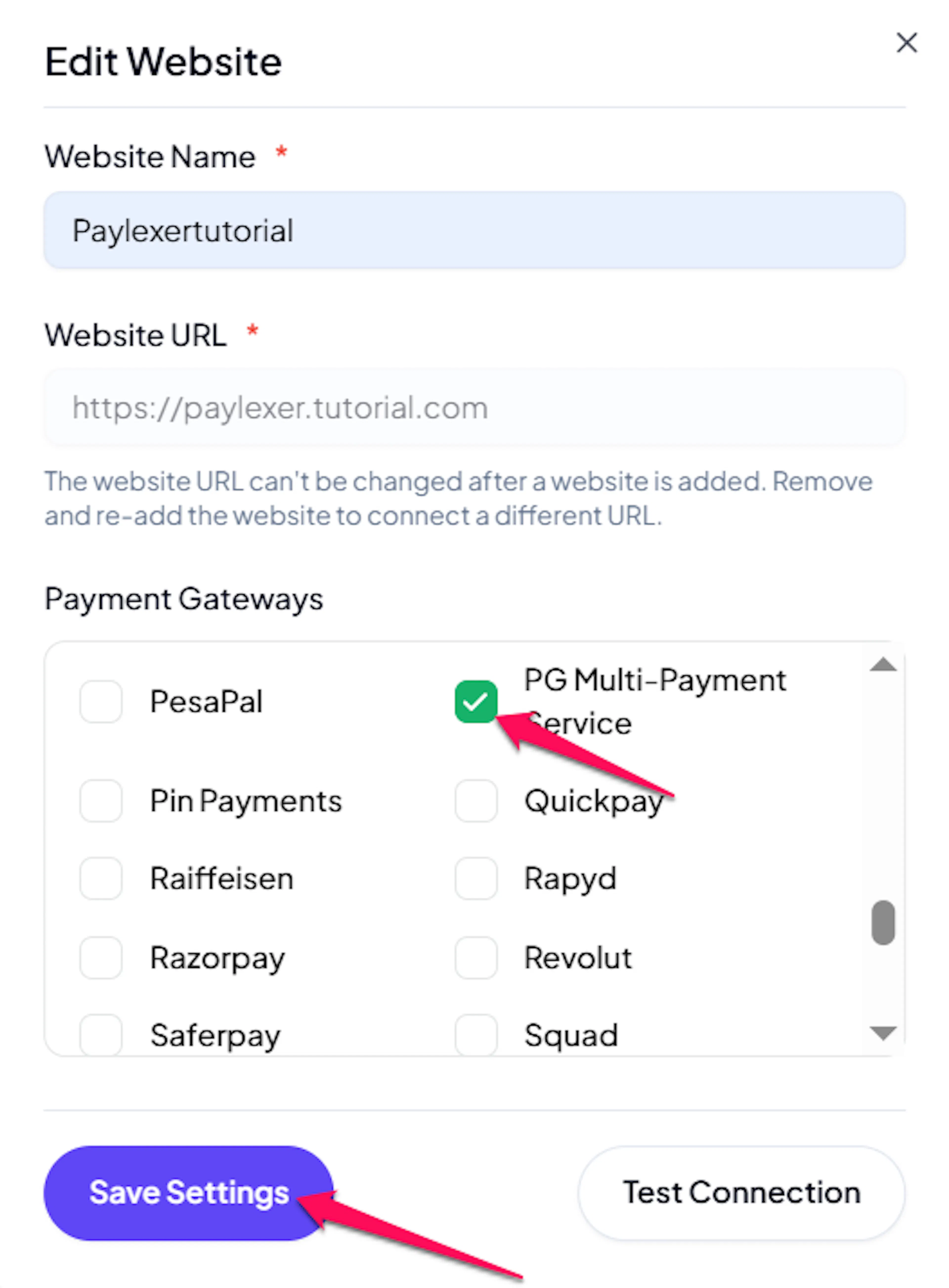 PG Multi-Payment Service checkbox in the website's payment gateway settings