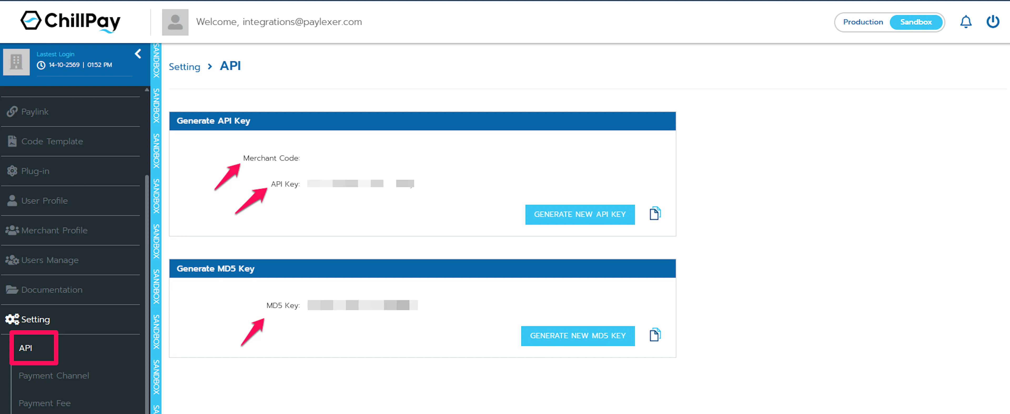 ChillPay console API settings page
