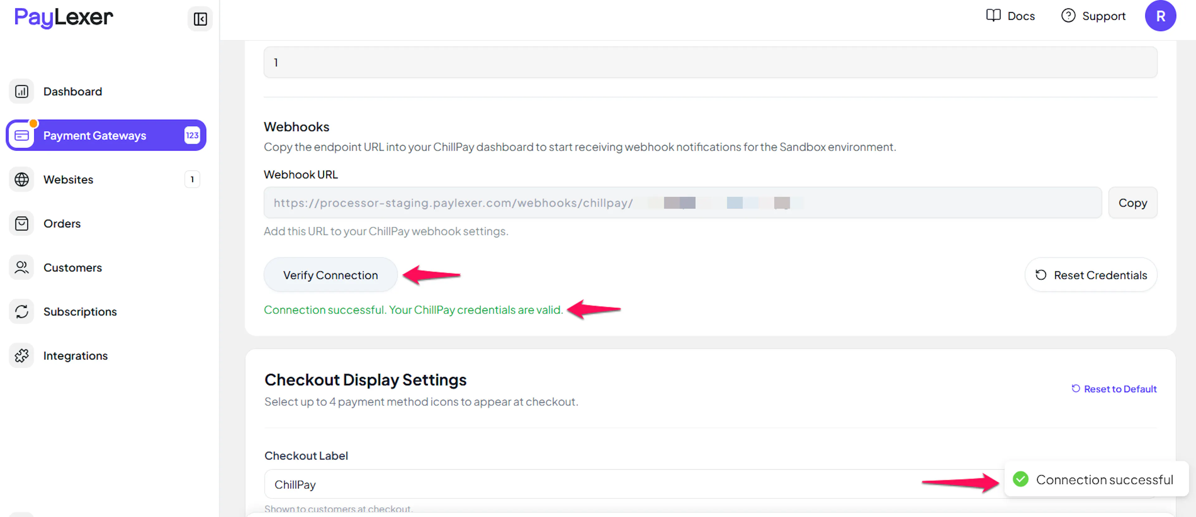 Save and Verify Connection buttons in PayLexer