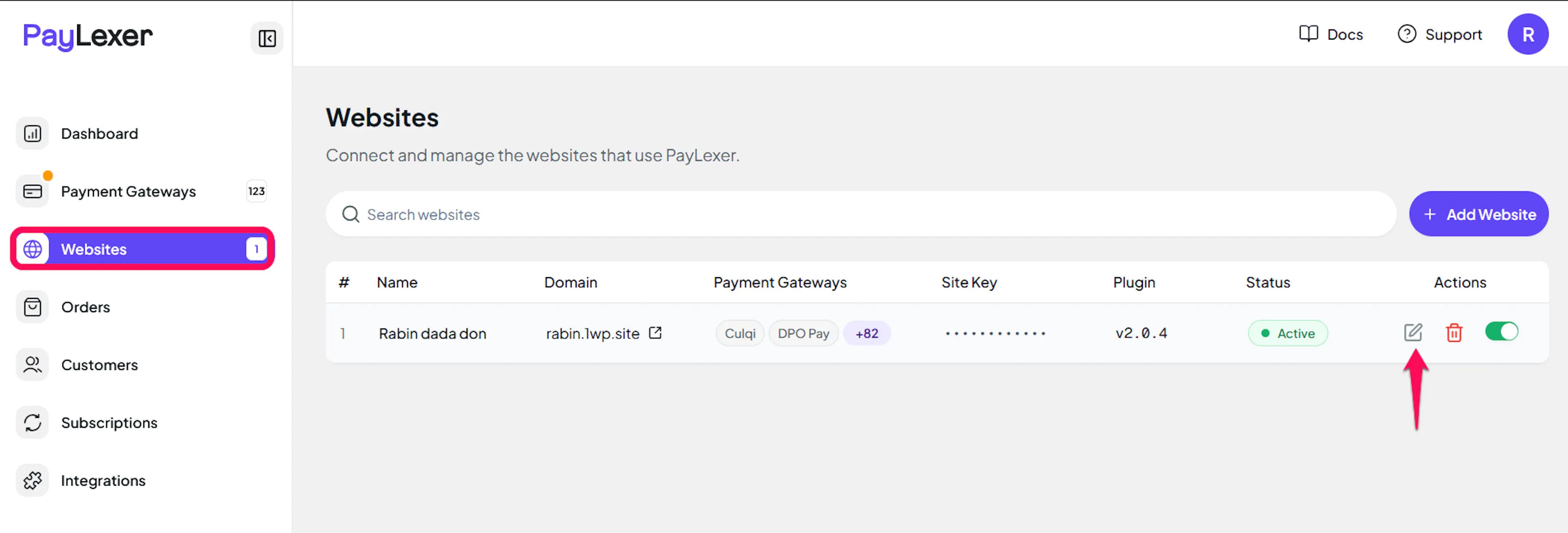 Edit icon on a website in PayLexer