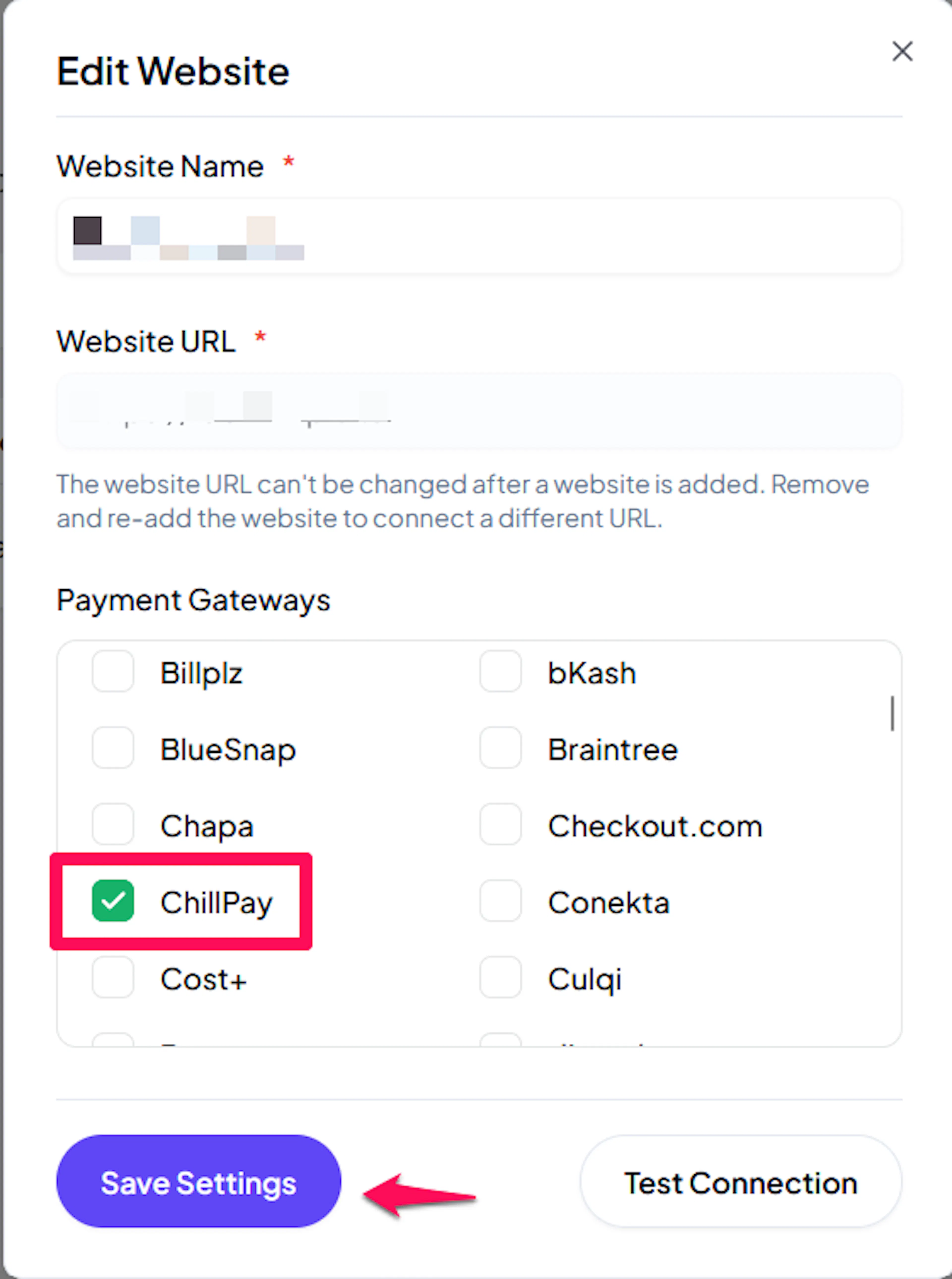 ChillPay checkbox in the website settings