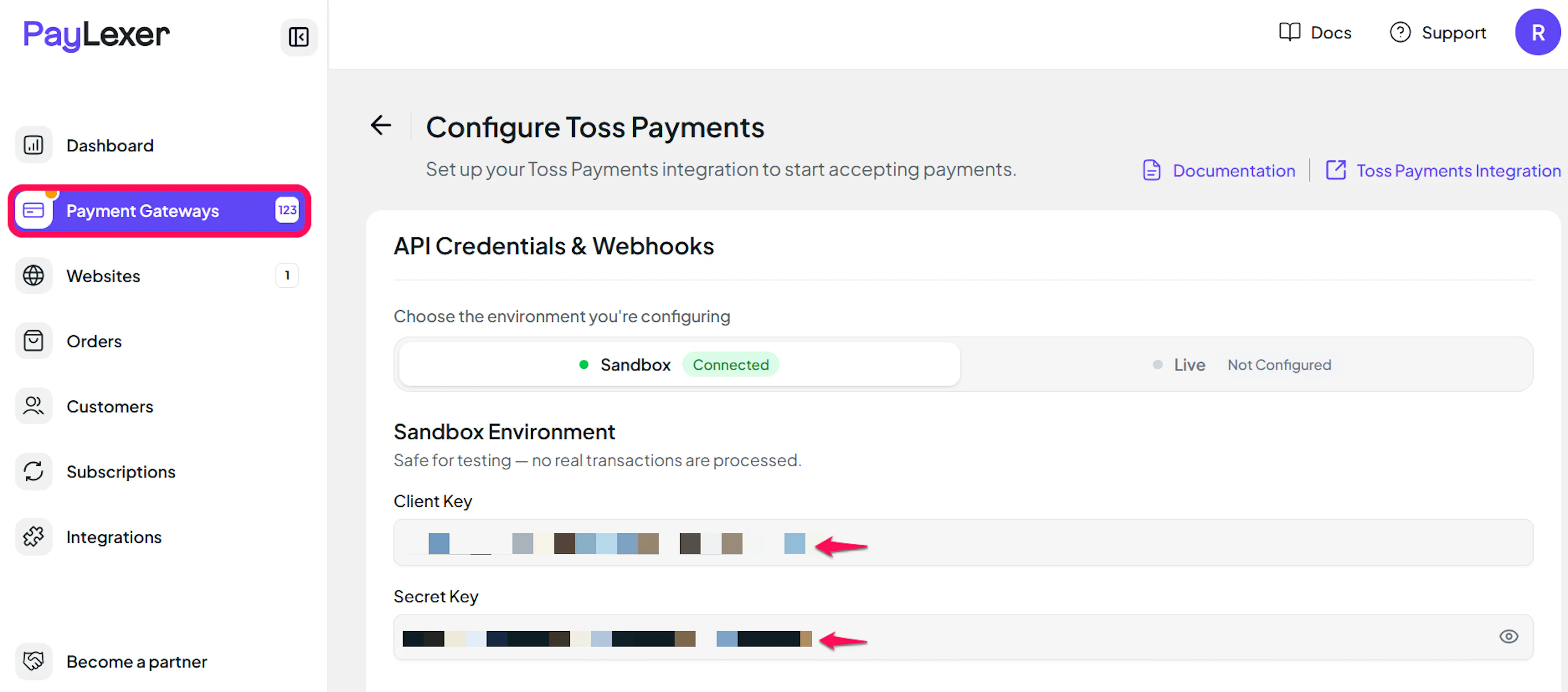 Toss Payments credential fields in PayLexer