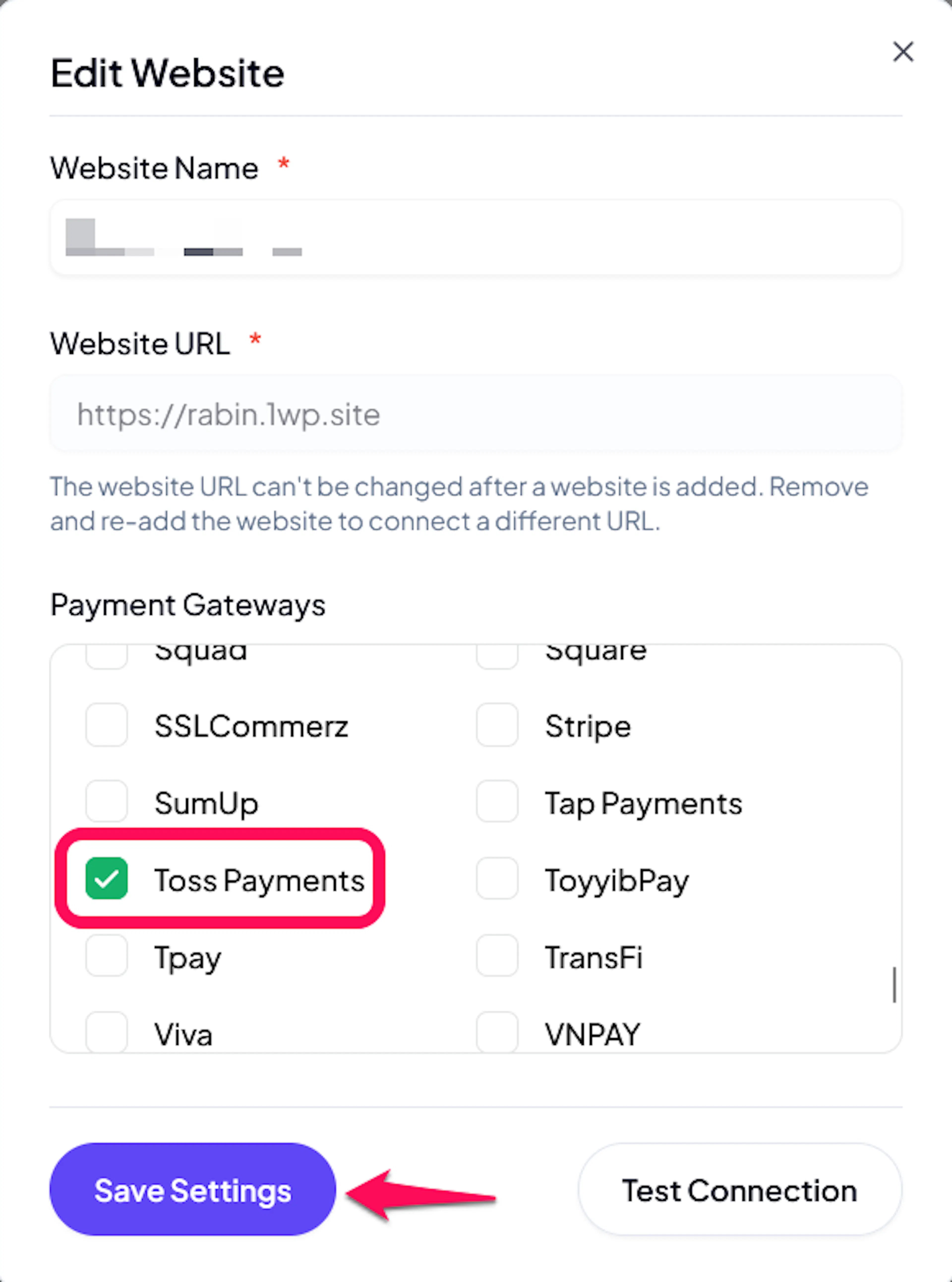 Toss Payments checkbox in the website settings