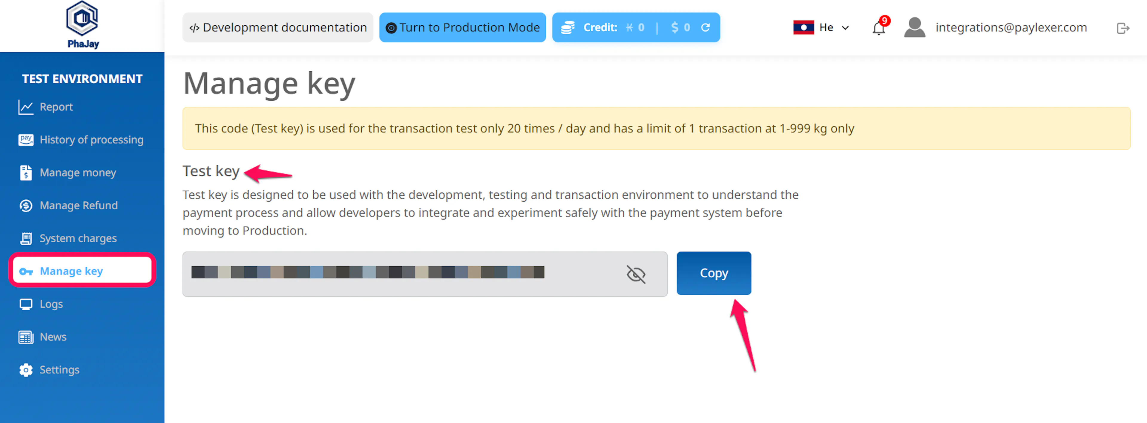 PhaJay Key Management page showing the Test Key and Secret Key