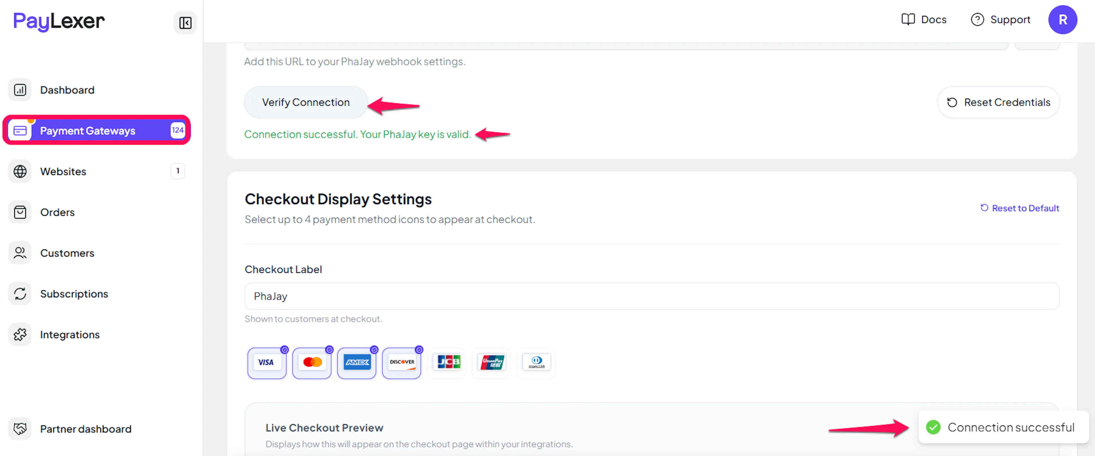 Save and Verify Connection buttons on the PhaJay settings page