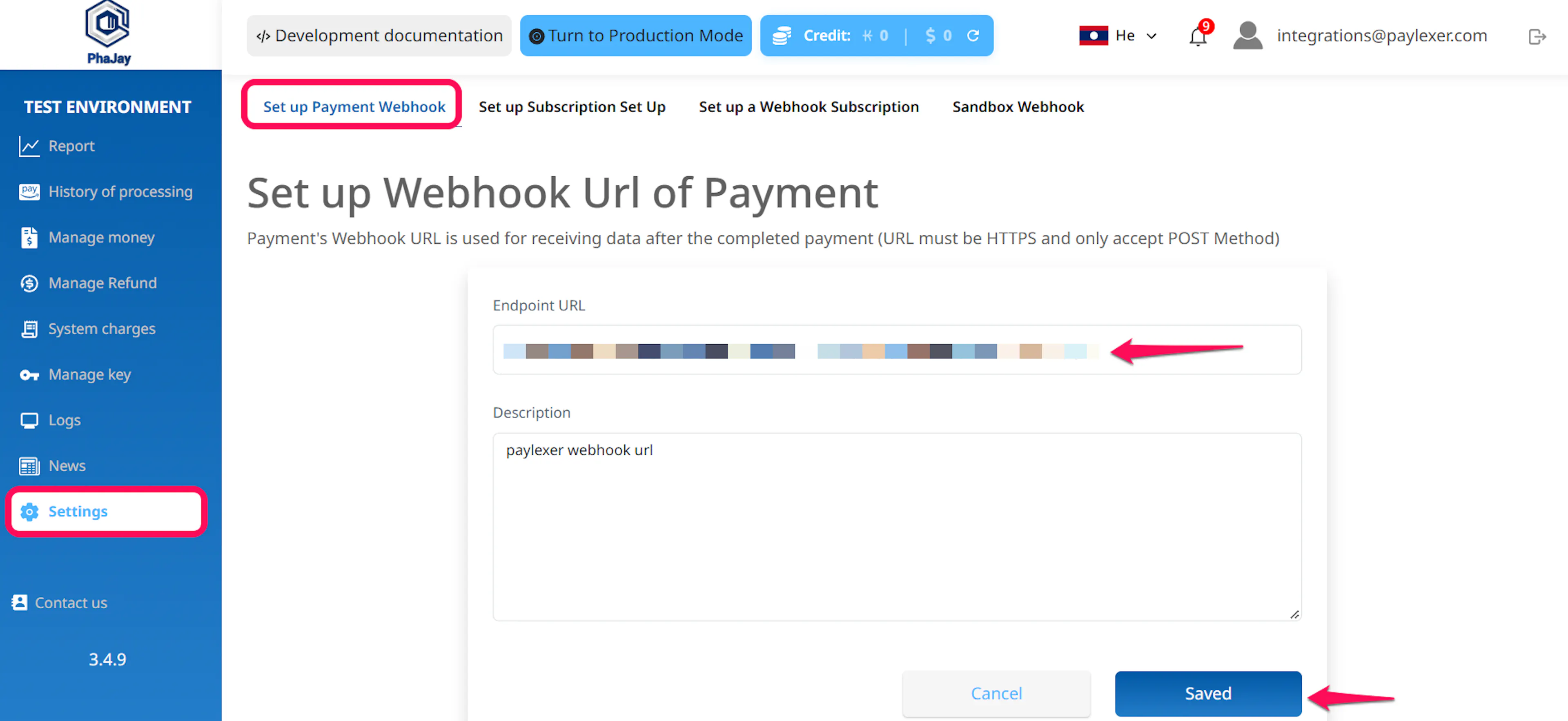 Sandbox Webhook tab in the PhaJay portal