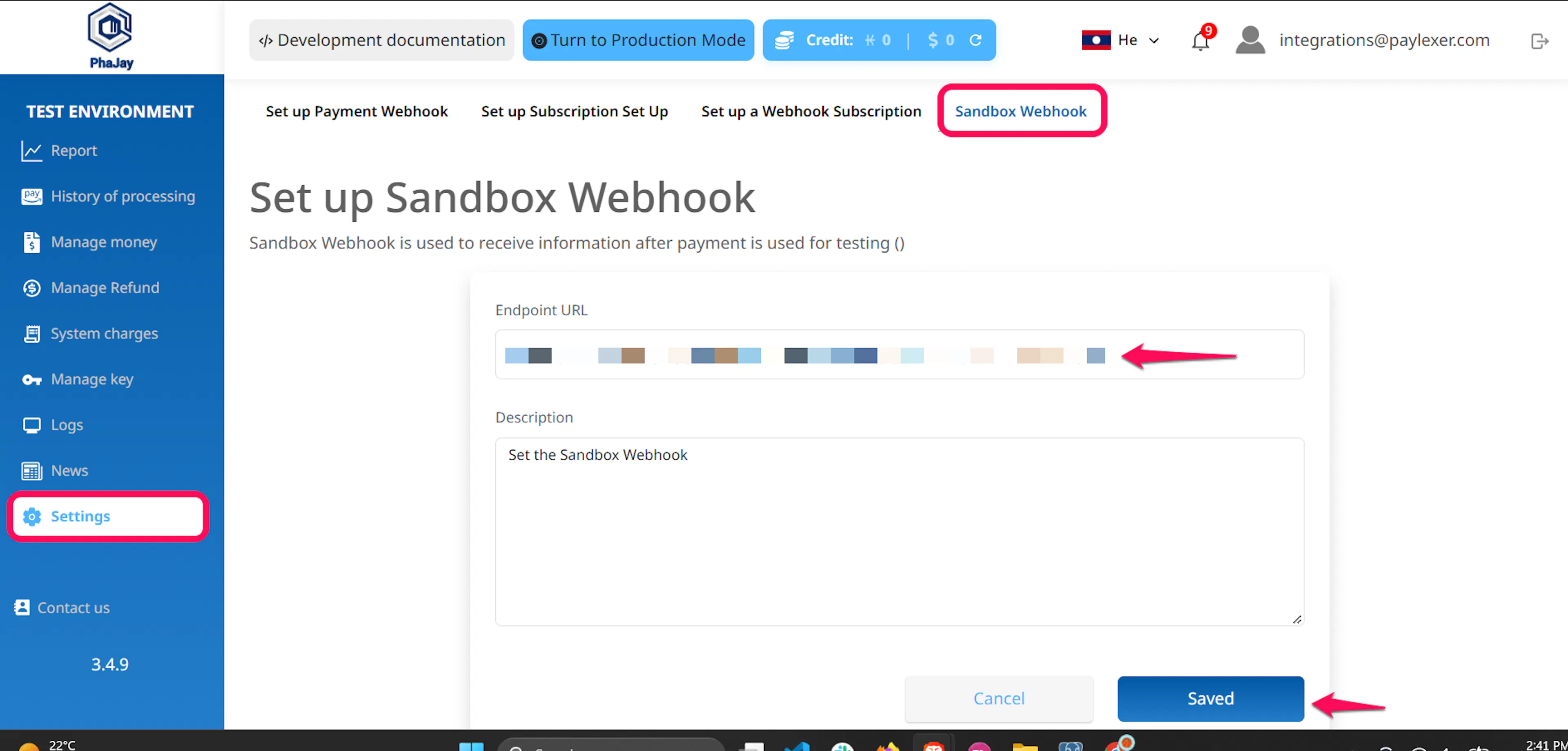 Payment Webhook tab in the PhaJay portal