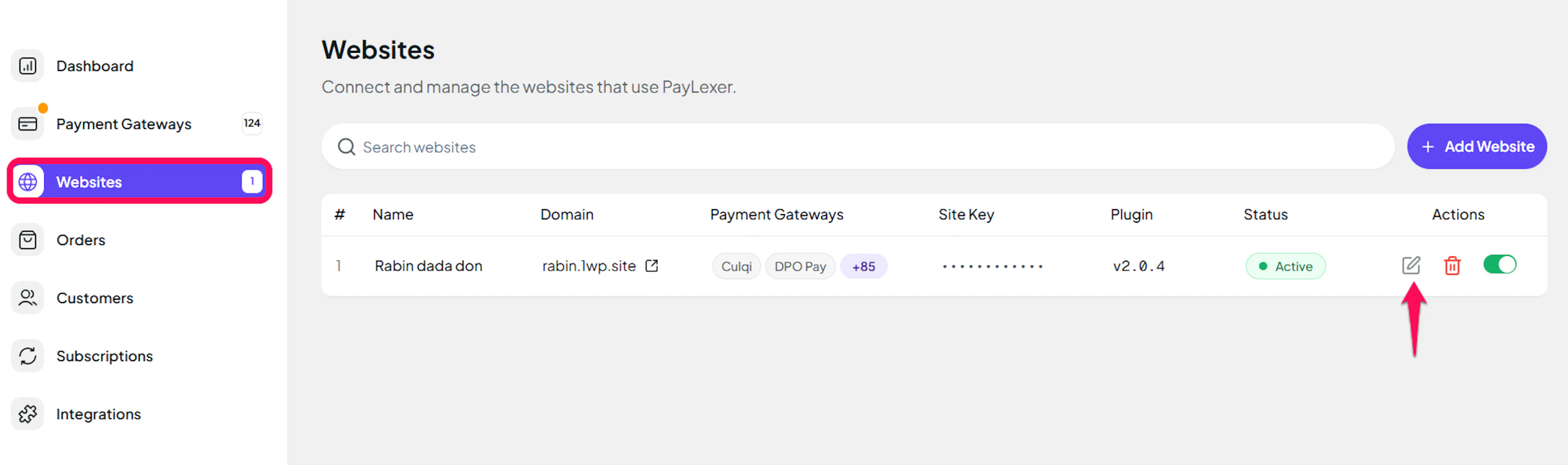 Edit icon next to a website in PayLexer
