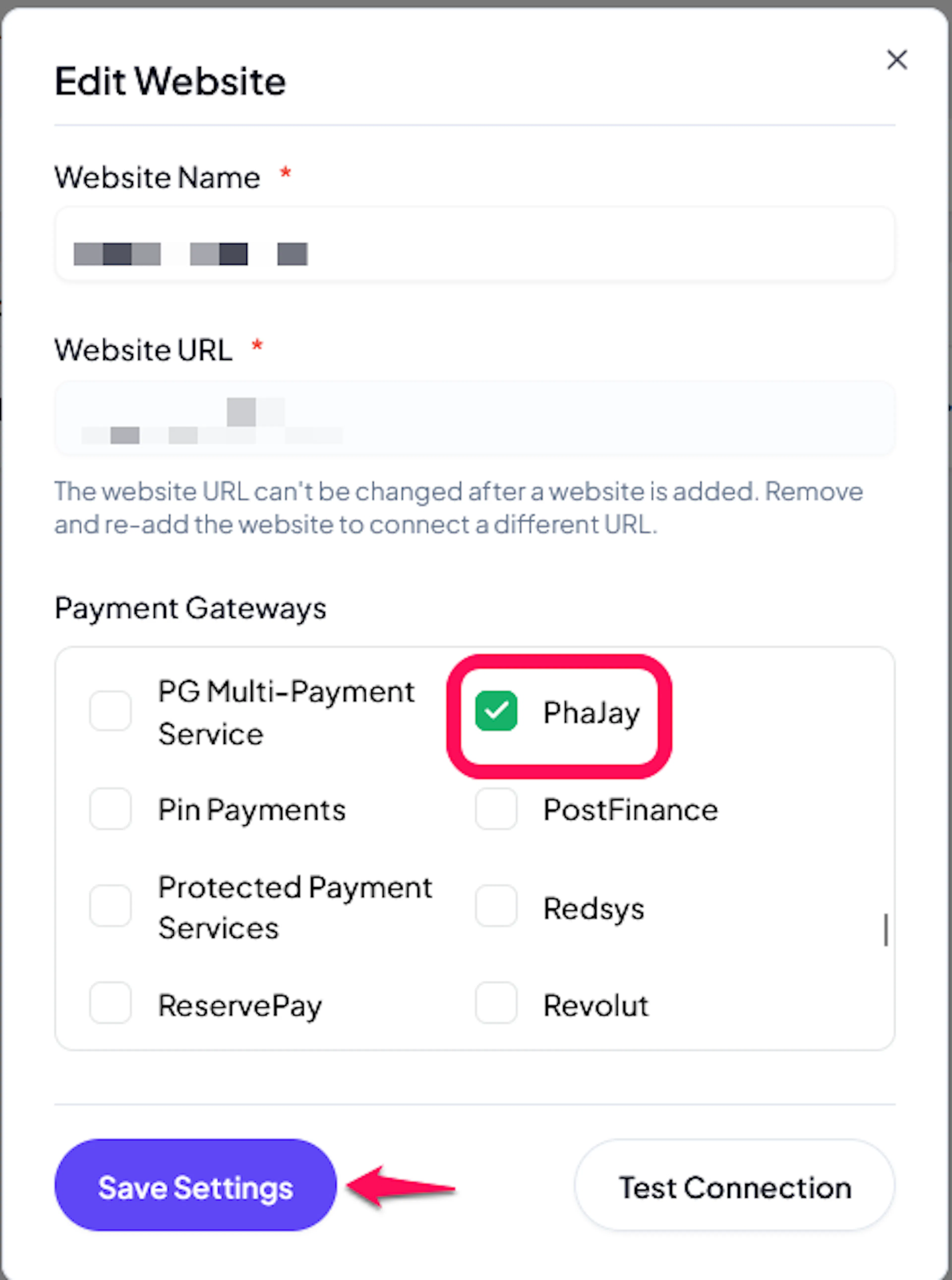PhaJay checkbox in the website's payment gateway list