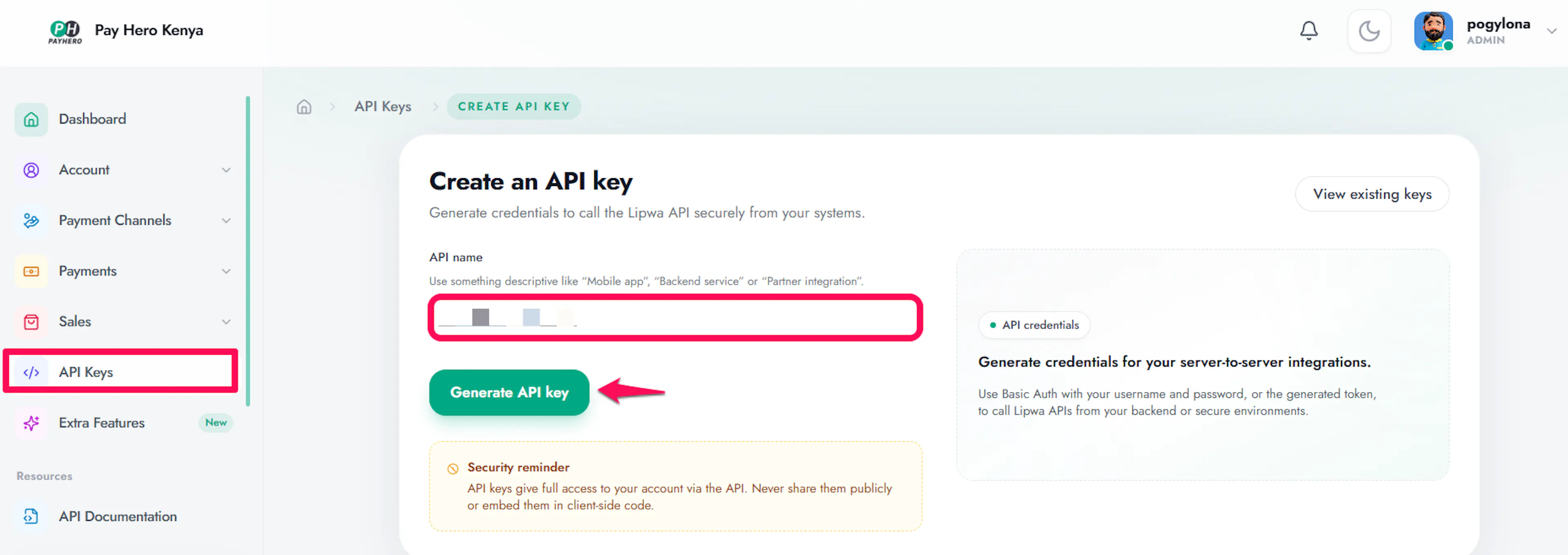 PayHero API Keys page with the New API key button