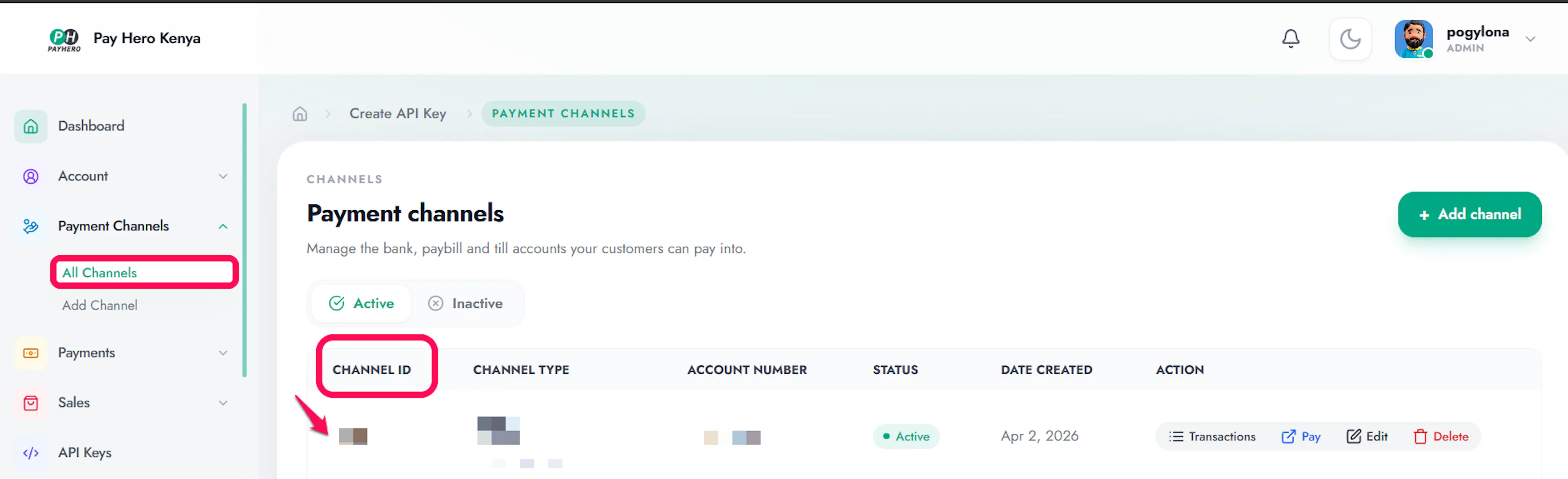 PayHero My Payment Channels list showing the channel id