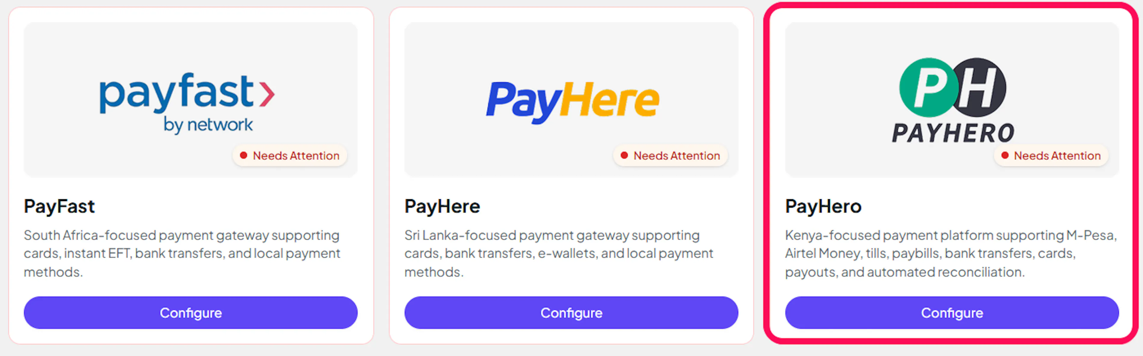 PayLexer Payment Gateways list with PayHero