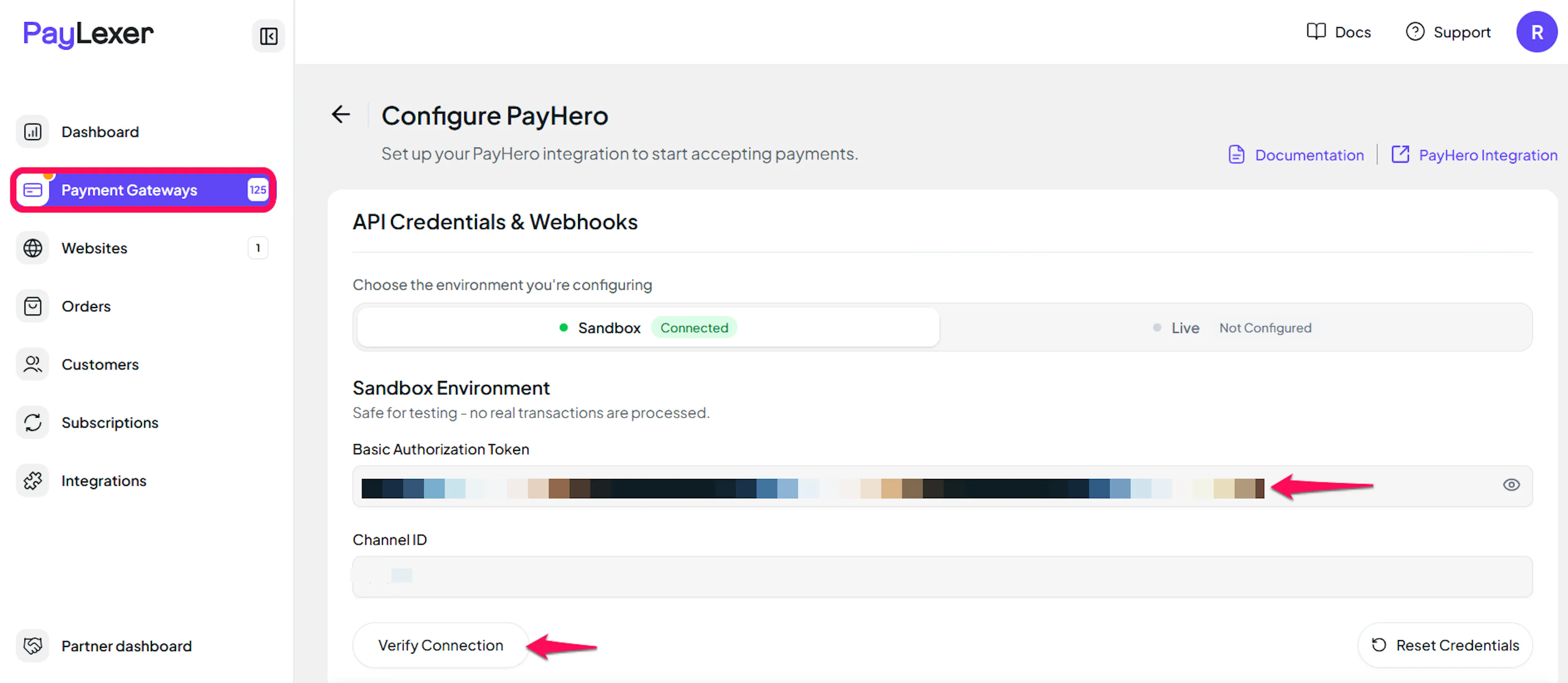PayHero credential fields in PayLexer