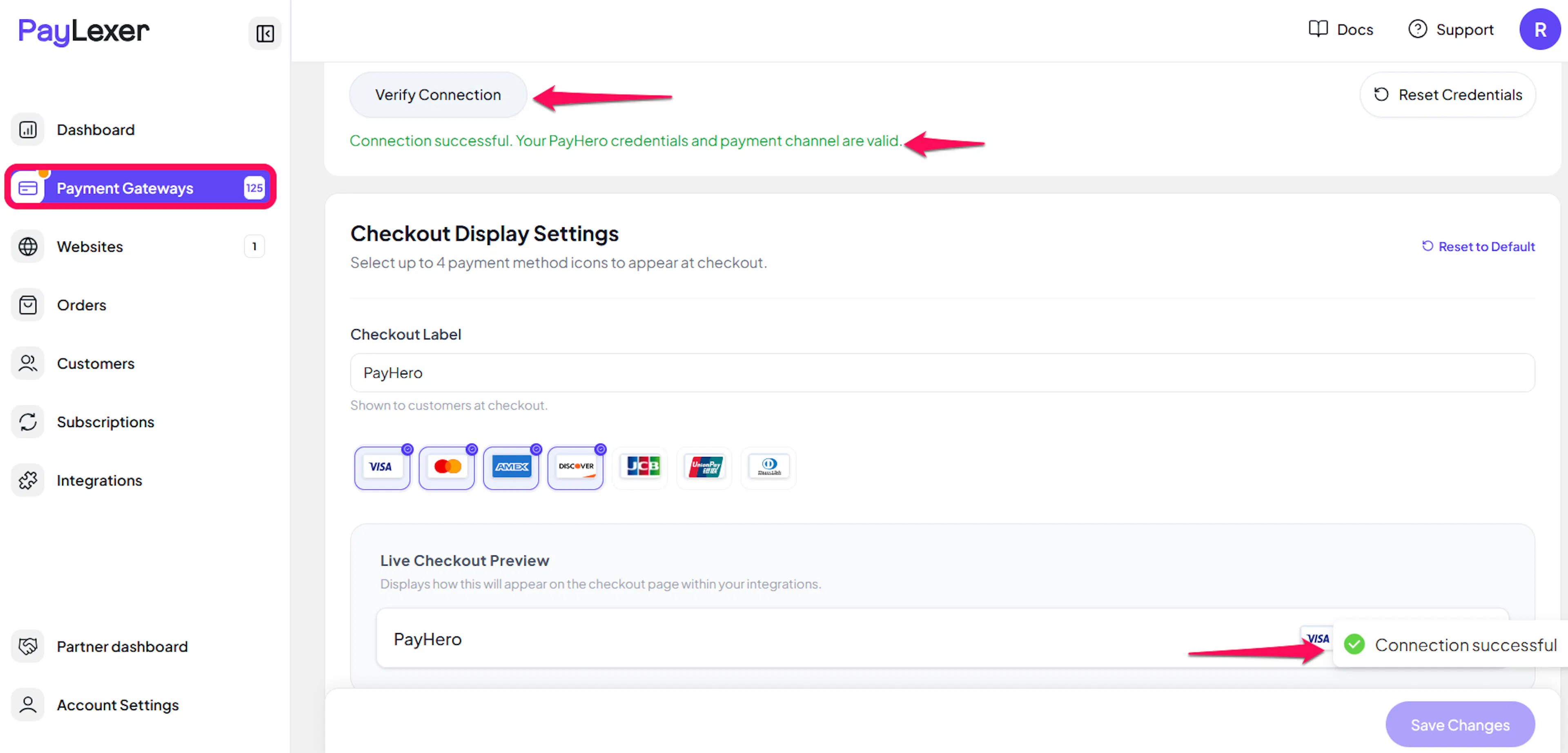 PayLexer Save and Verify Connection buttons for PayHero