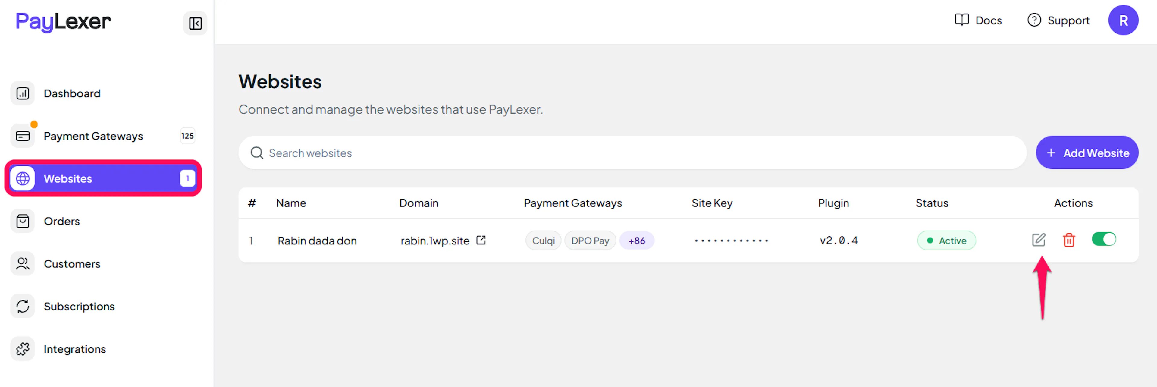PayLexer Websites list with the Edit icon