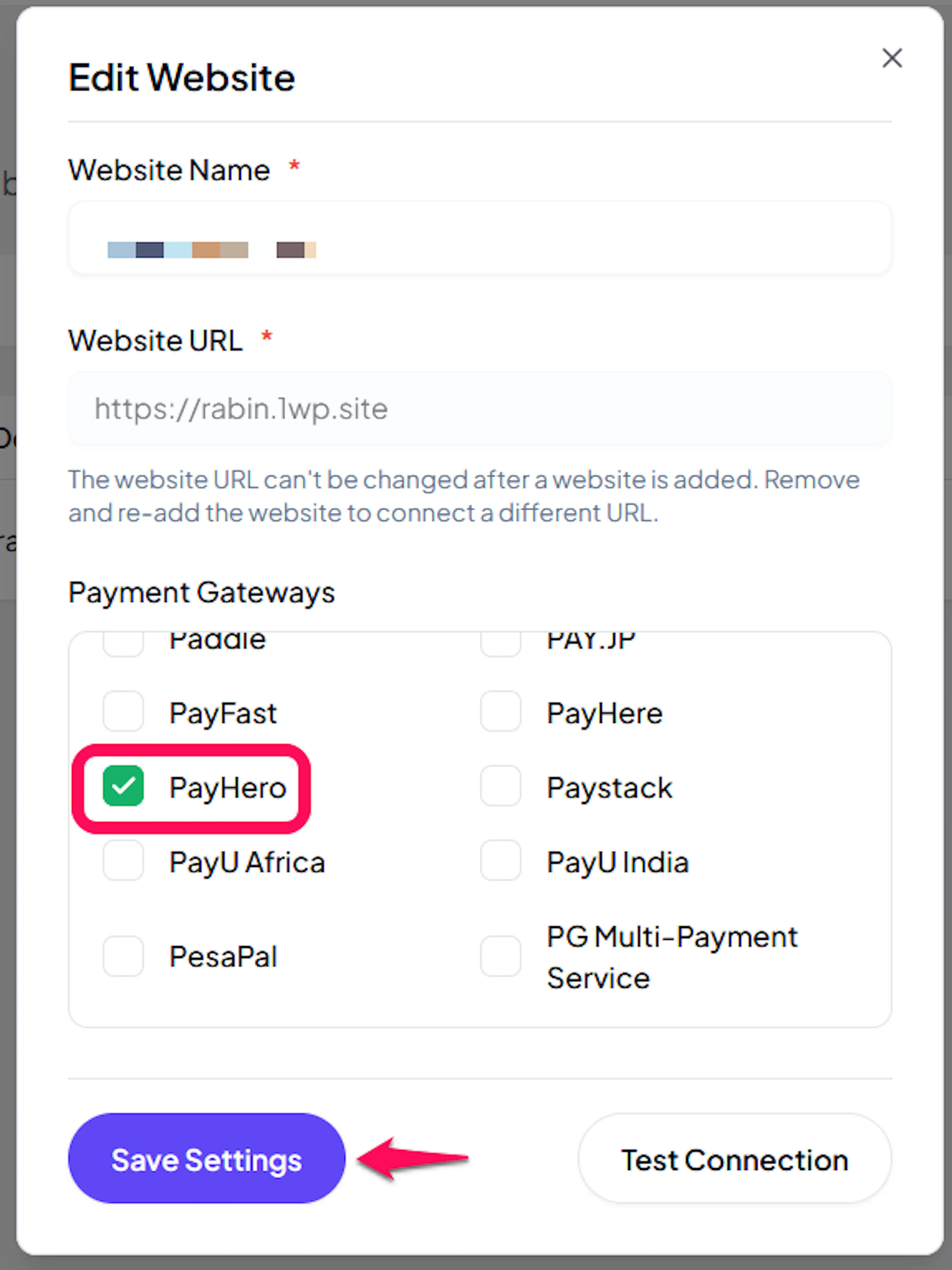 PayHero checkbox in the website gateway list