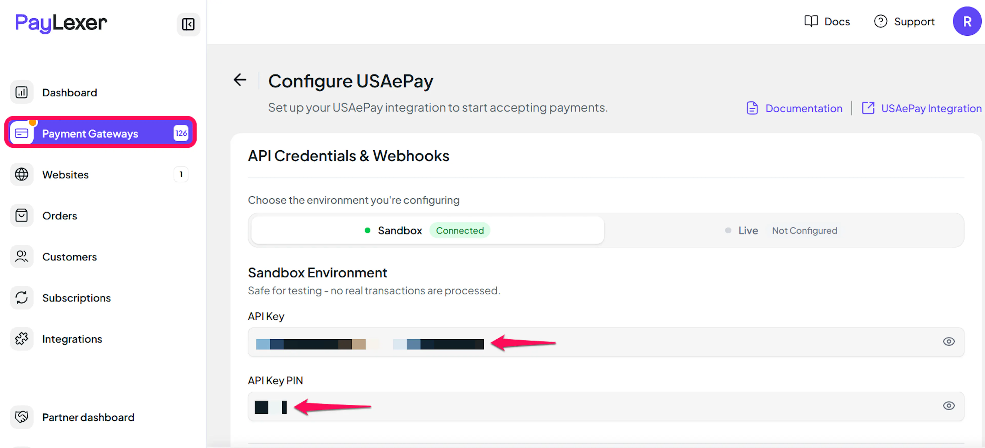 API Key and API Key PIN fields in PayLexer