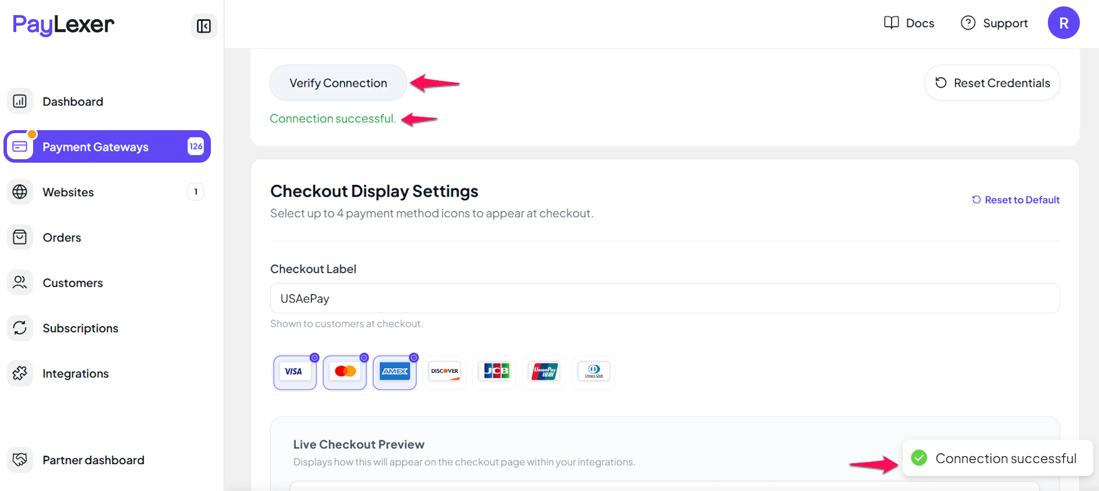 Save and Verify Connection buttons in PayLexer