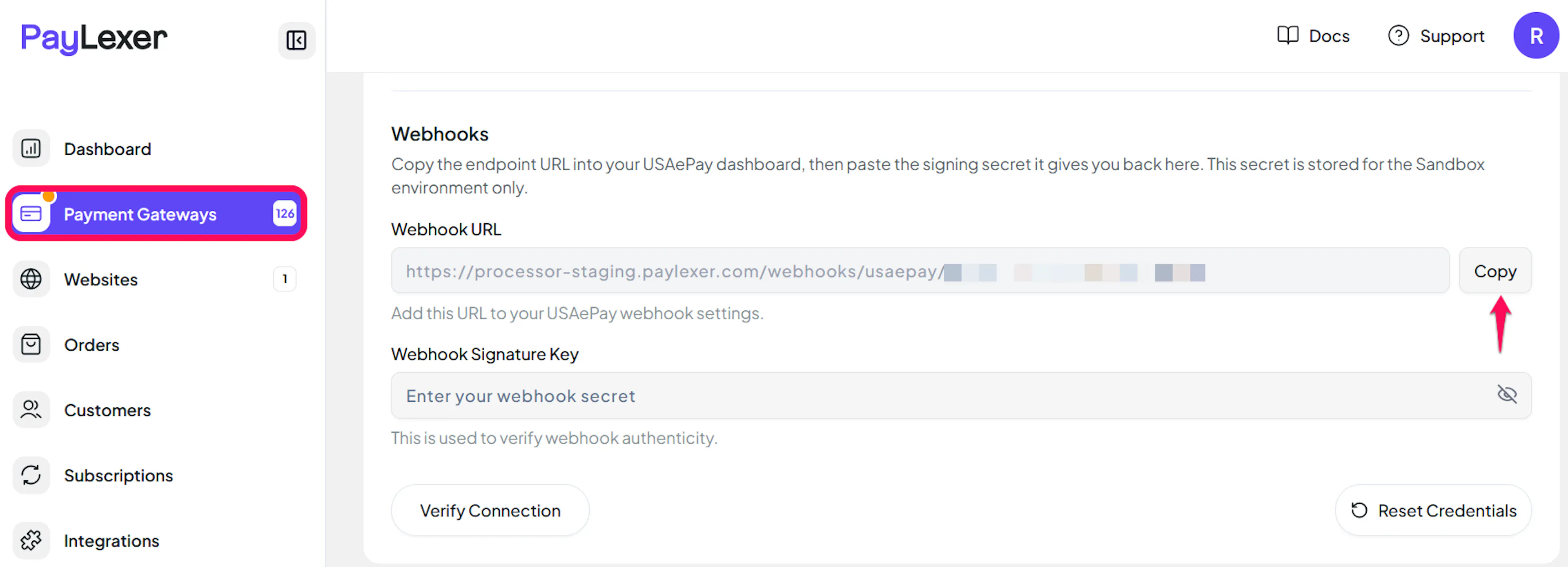 Webhook URL shown in PayLexer USAePay settings