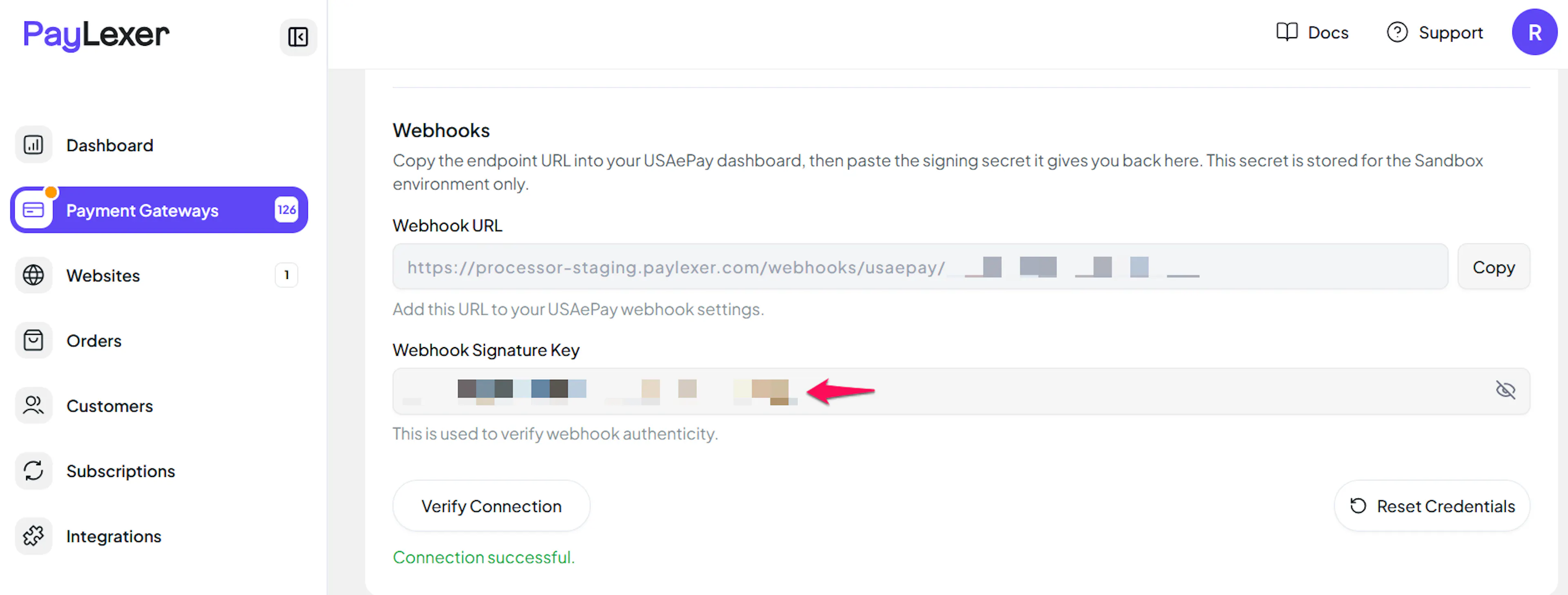 Webhook Signature Key field in PayLexer