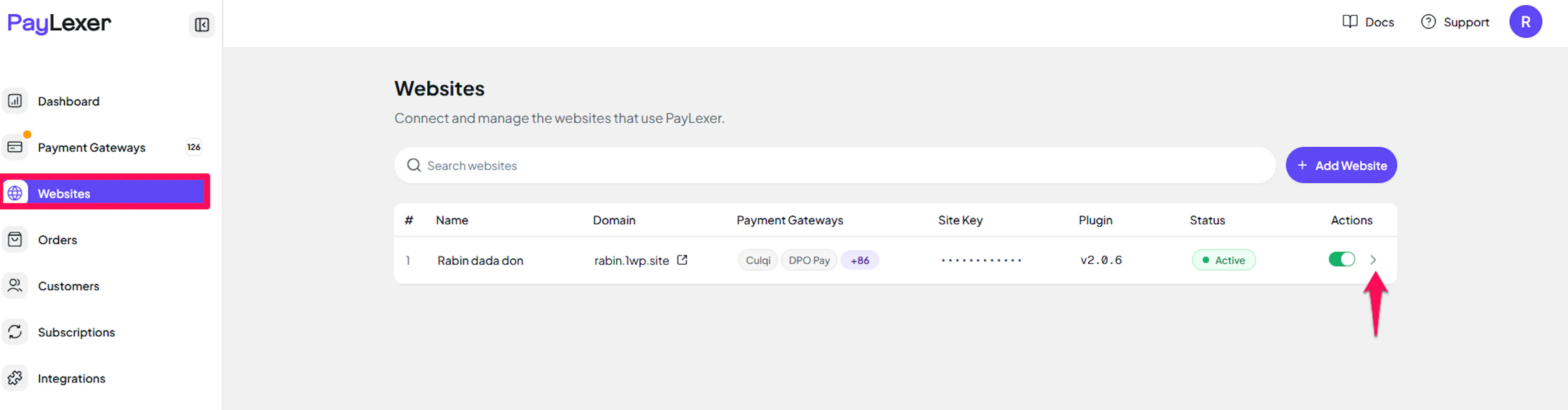 Actions column in the PayLexer Websites list