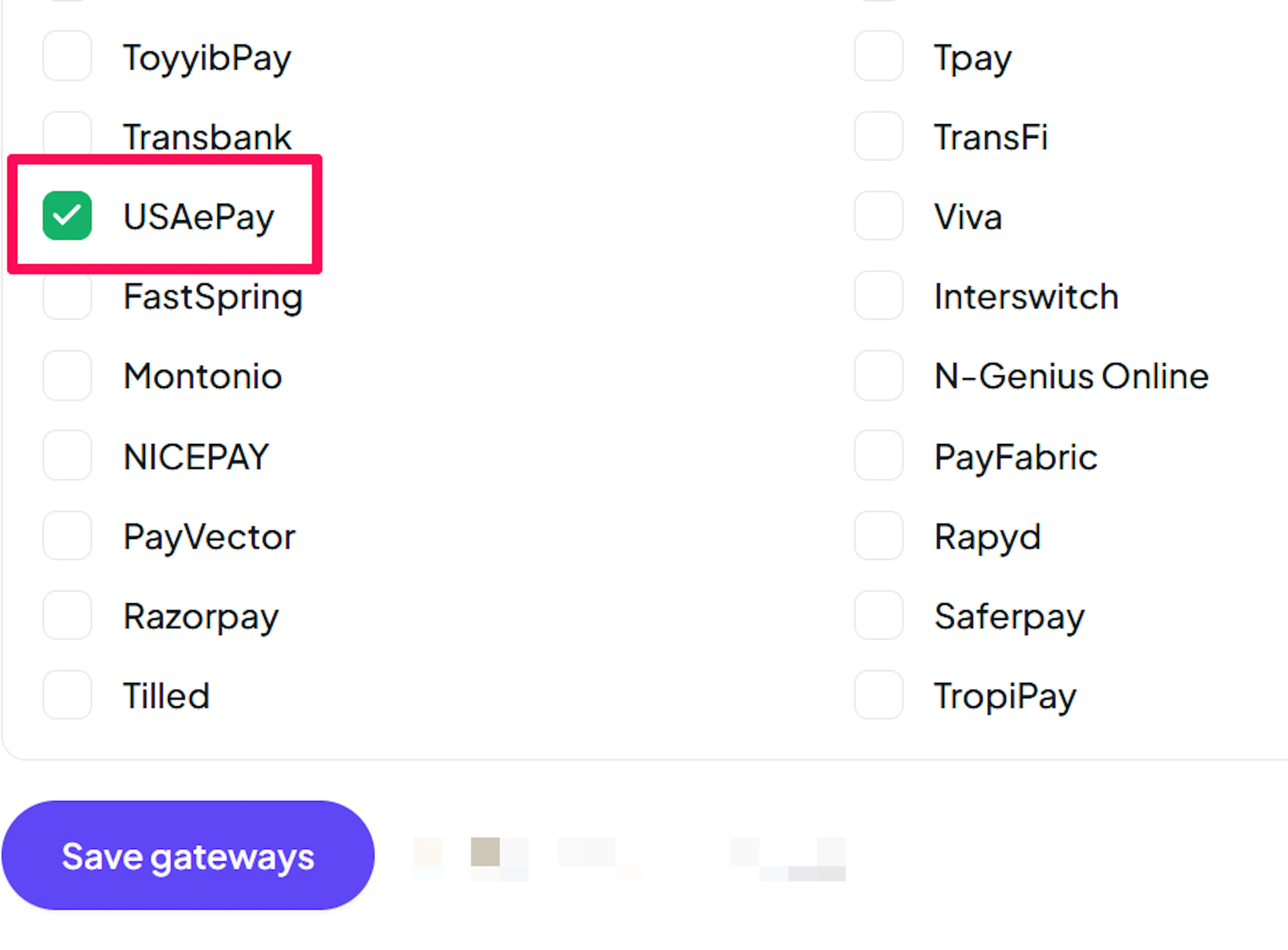USAePay checkbox enabled for a website