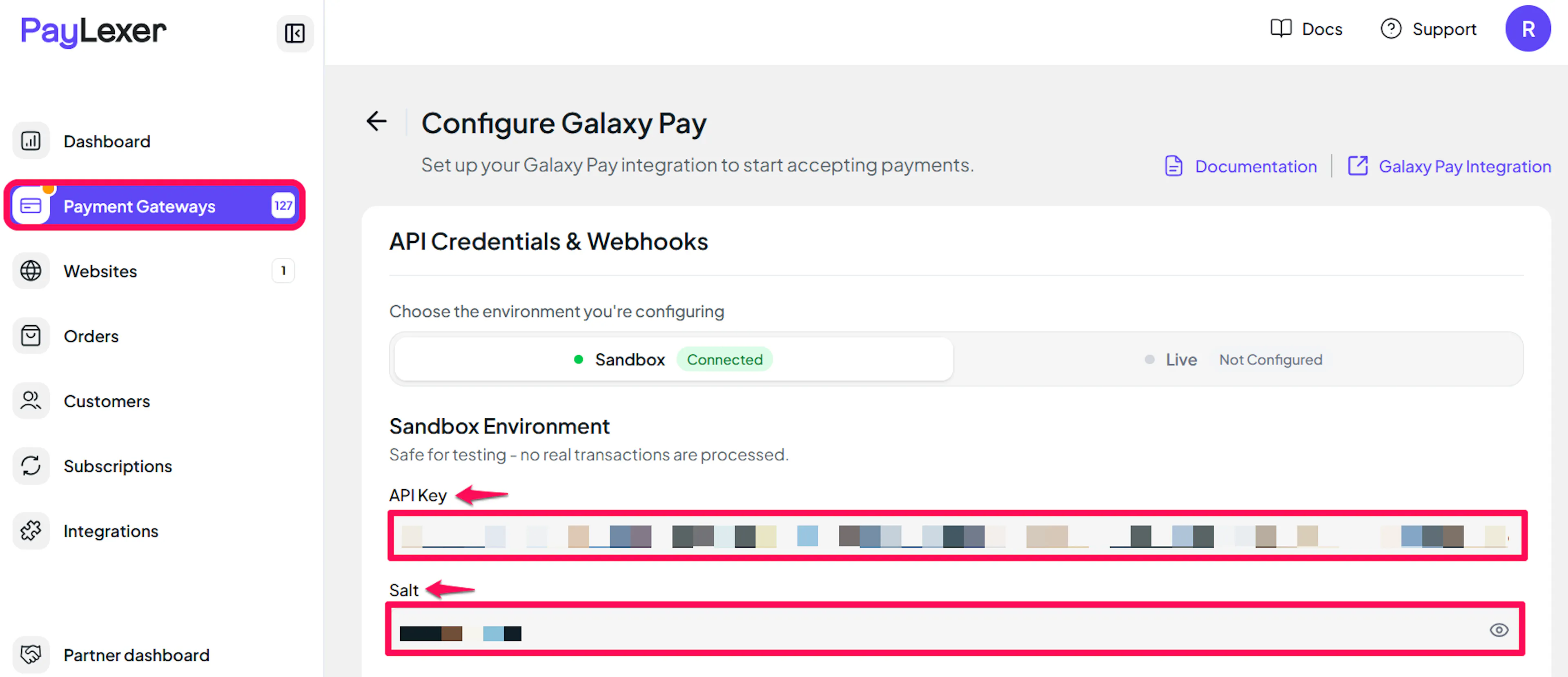 API Key and Salt fields on the Galaxy Pay settings page in PayLexer