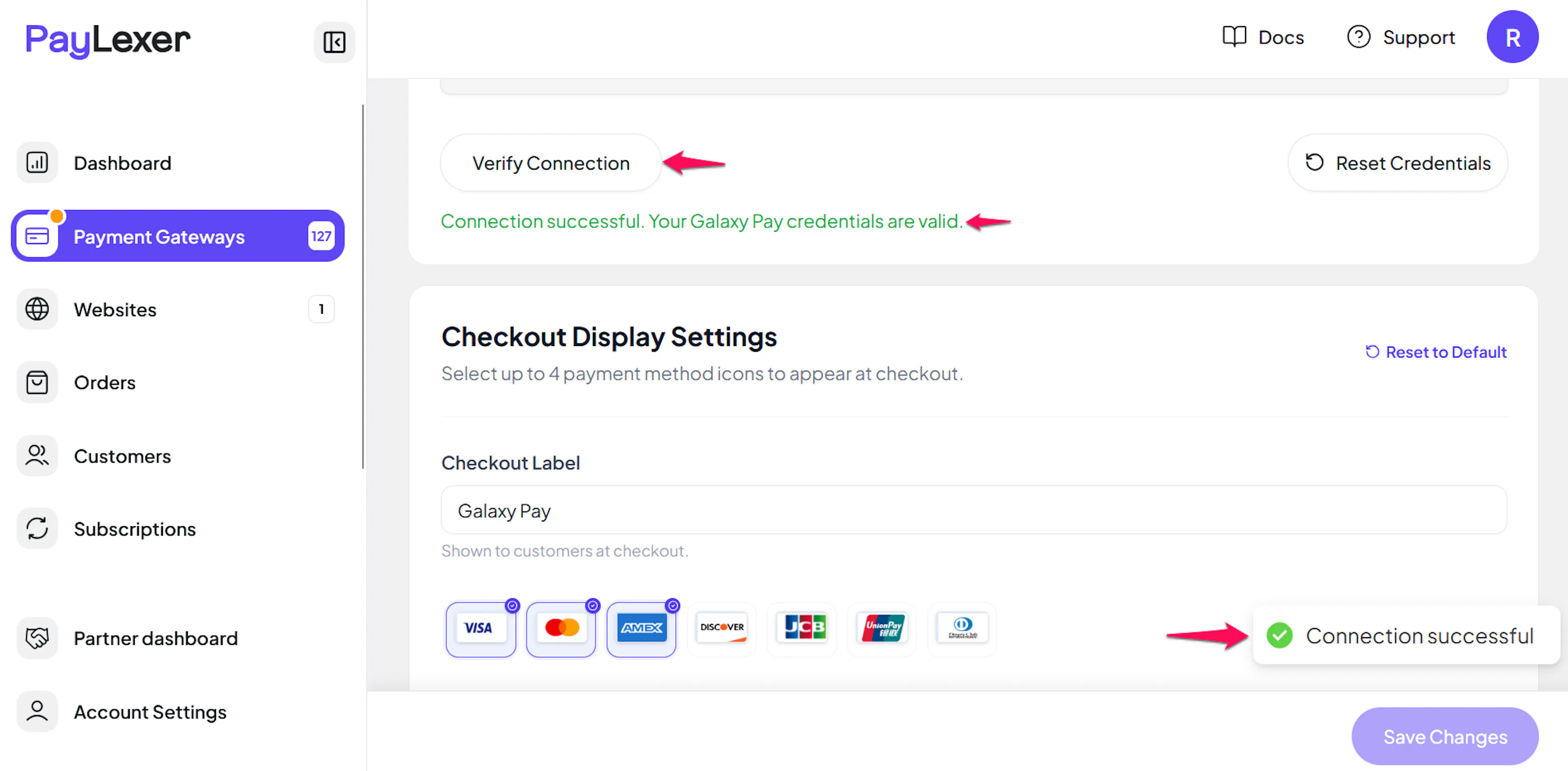 Save and Verify Connection buttons on the Galaxy Pay settings page