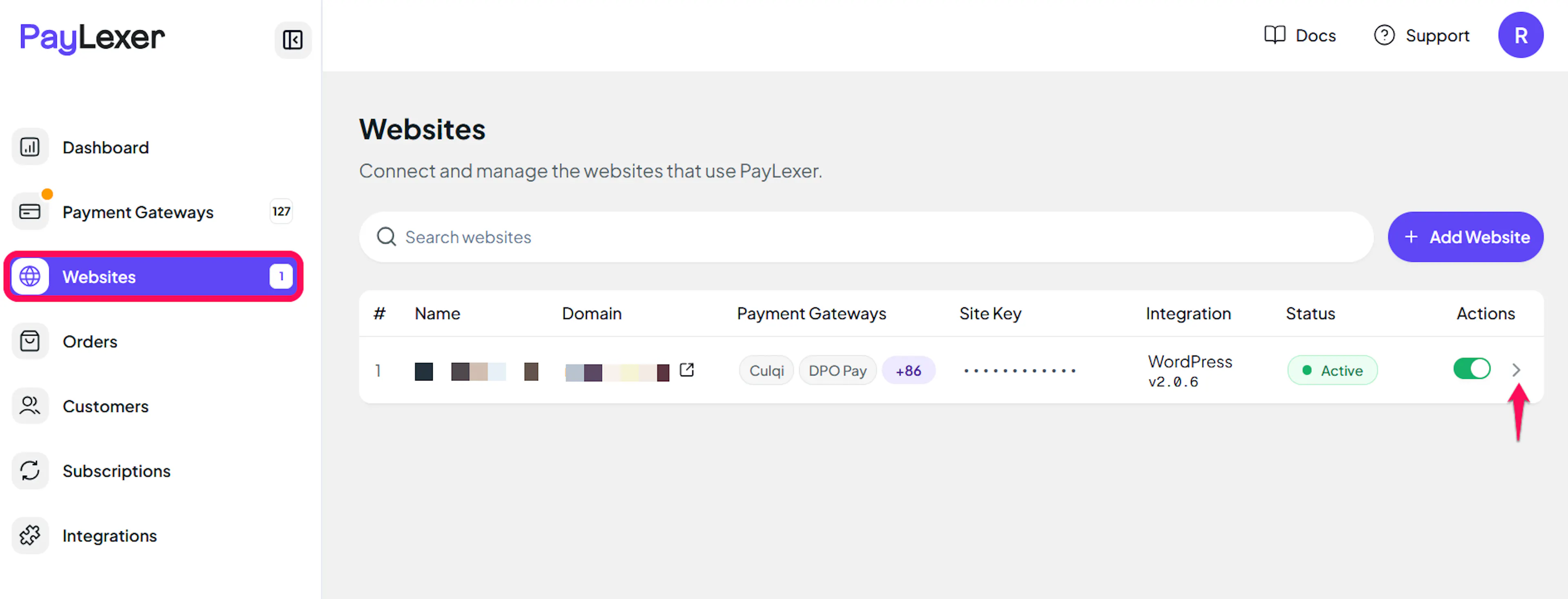 Edit icon next to a website in the PayLexer Websites list
